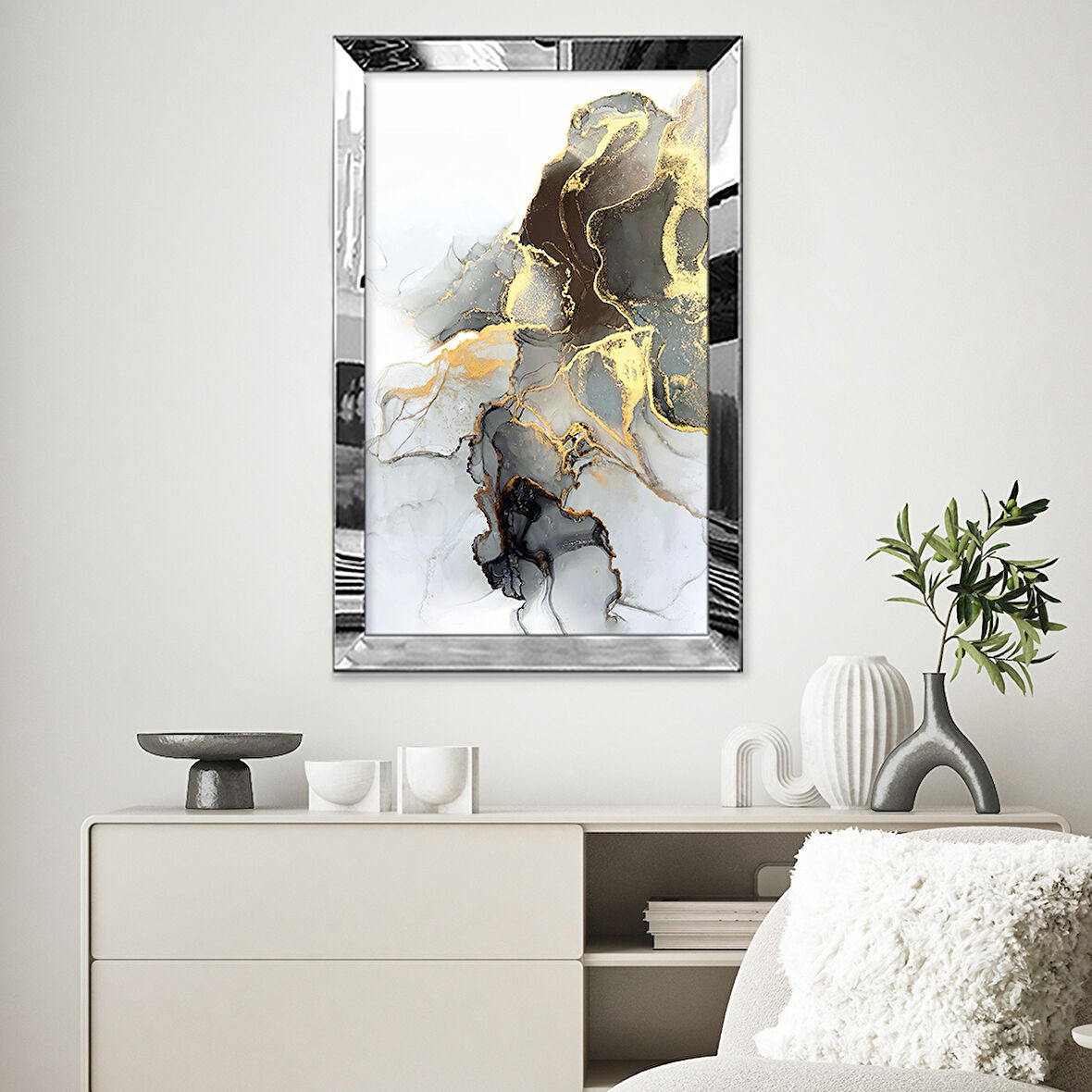GÜMÜŞ AYNALI PLEKSİ ÇERÇEVELİ MERMER DESENLİ ALTIN TOZU ÇİZİM TASARIM TABLO