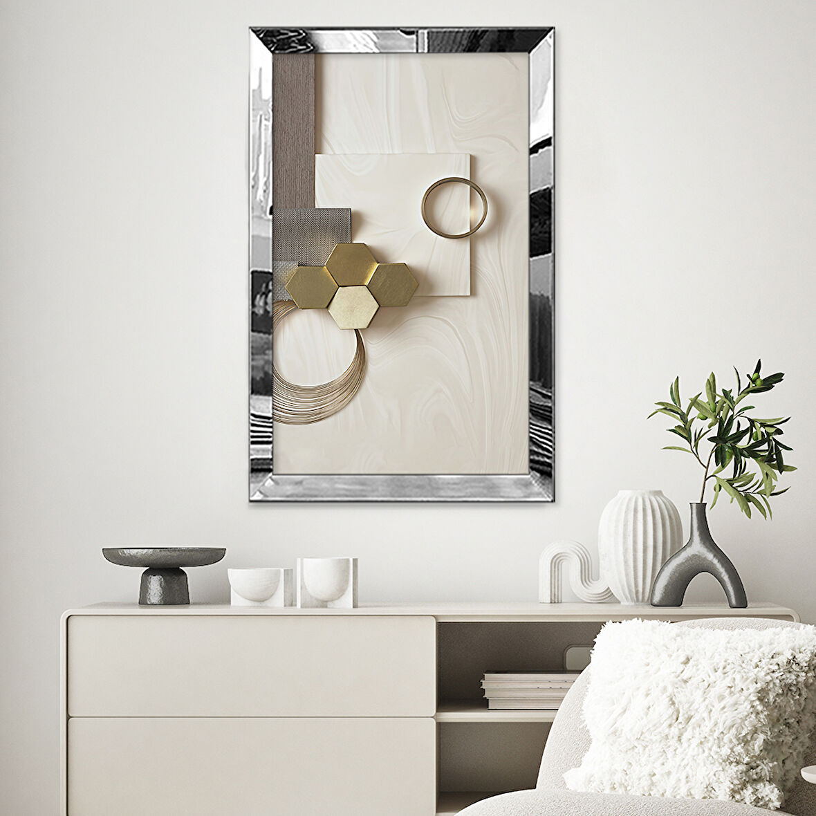 GÜMÜŞ AYNALI PLEKSİ ÇERÇEVELİ NÖTR DÜZENSİZ GRİ ALTIN GEOMETRİK ŞEKİLLİ ÇİZİM TABLO