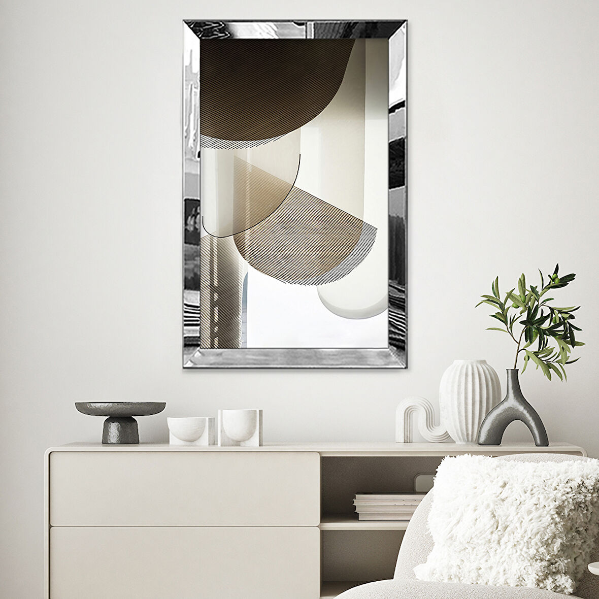 GÜMÜŞ AYNALI PLEKSİ ÇERÇEVELİ NÖTR MODEL GRİ BEJ GEOMETRİK ŞEKİLLİ SOYUT ÇİZİM TABLO