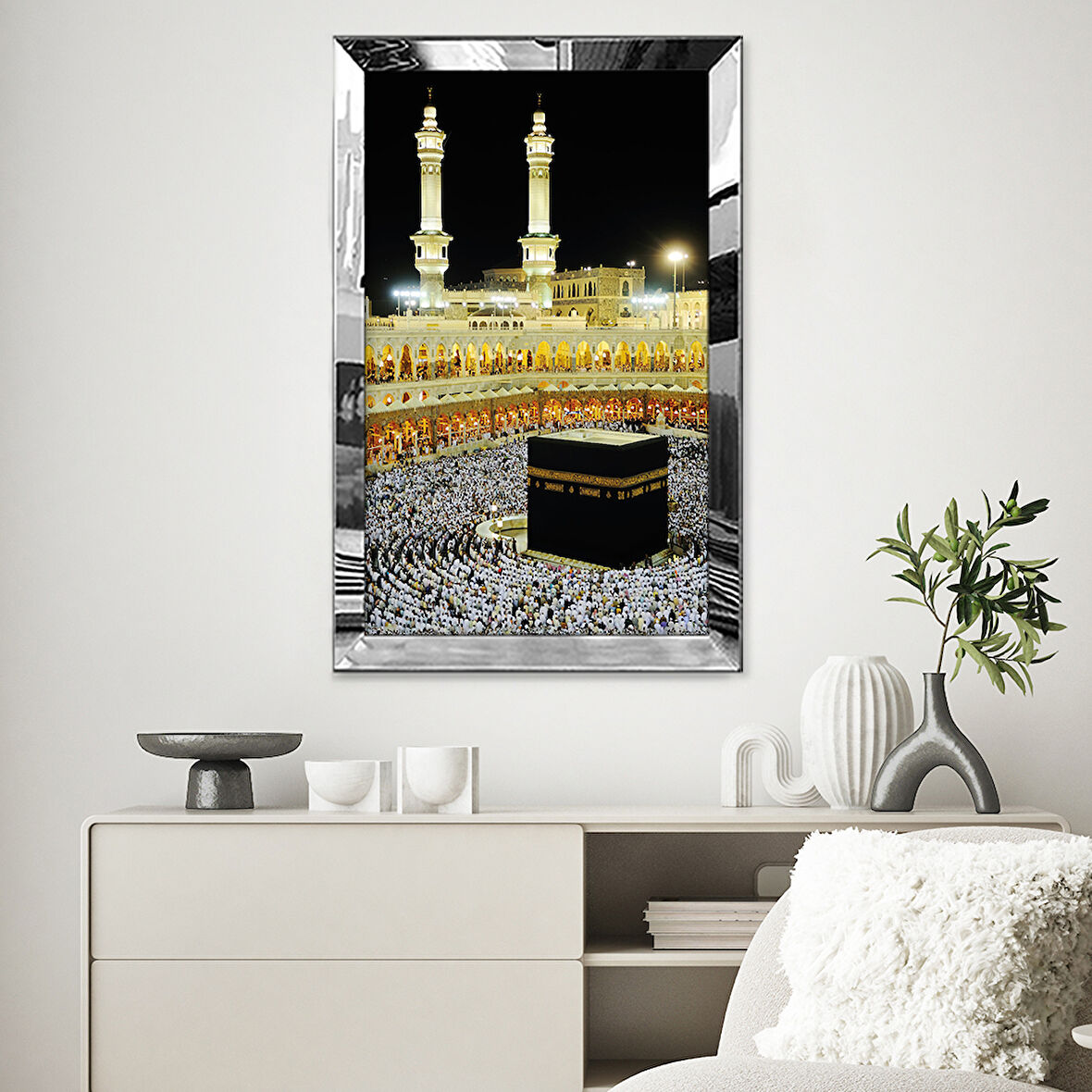 GÜMÜŞ AYNALI PLEKSİ ÇERÇEVELİ SİYAH SARI KABE DESENLİ ÇİZİM TABLO