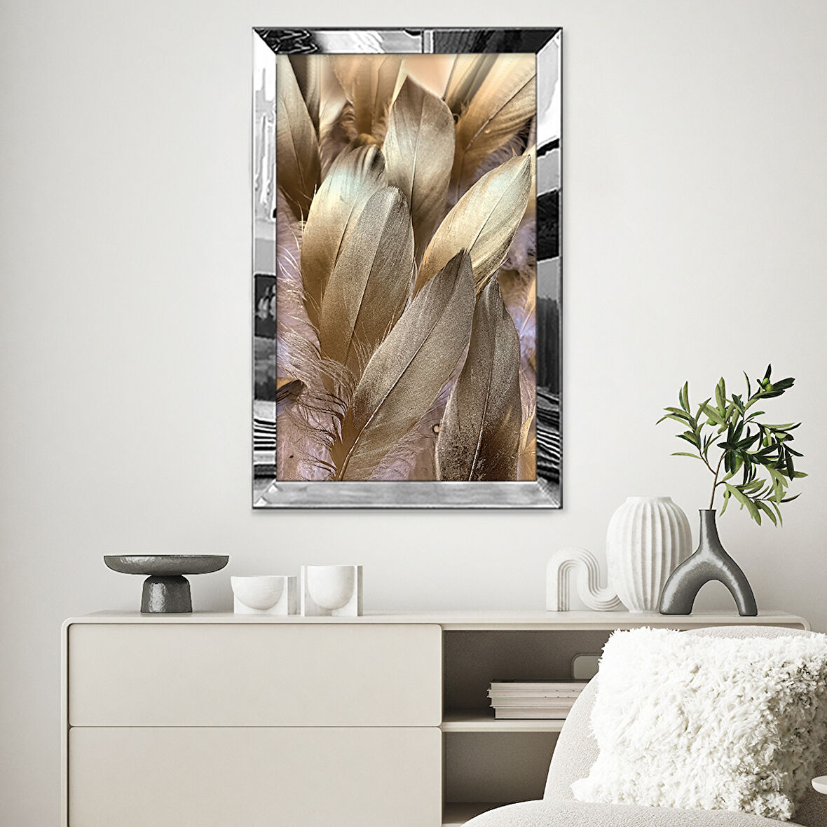 GÜMÜŞ AYNALI PLEKSİ ÇERÇEVELİ MODERN ALTIN SARISI KUŞ TÜYÜ SOYUT ÇİZİM TABLO