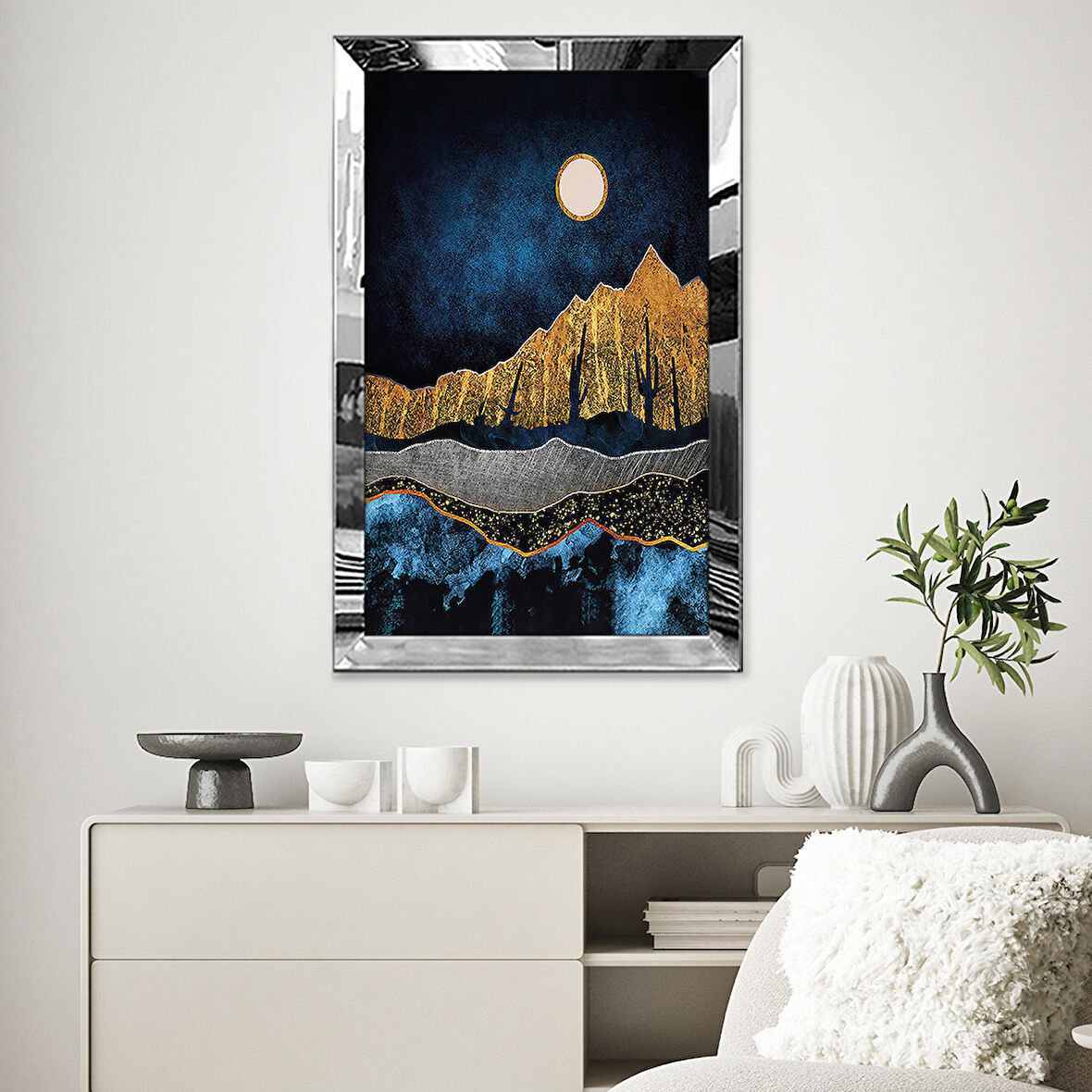 GÜMÜŞ AYNALI PLEKSİ ÇERÇEVELİ GECE MANZARALI ALTIN SARISI MAVİ SOYUT ÇİZİM TABLO