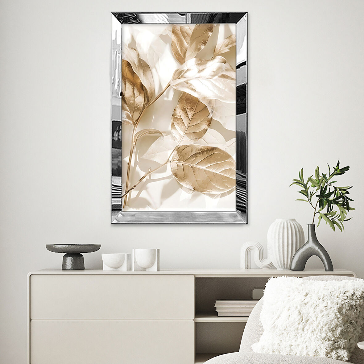 GÜMÜŞ AYNALI PLEKSİ ÇERÇEVELİ MİNİMALİST BEYAZ SARI YAPRAKLI ZARİF SOYUT ÇİZİM TABLO