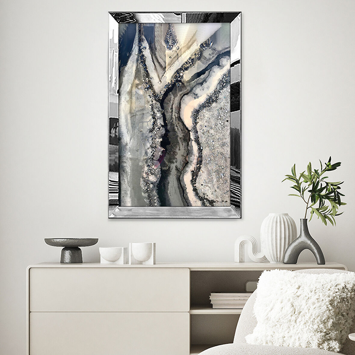 GÜMÜŞ AYNALI PLEKSİ ÇERÇEVELİ MİNİMALİST BEYAZ SİYAH MERMER DESENLİ SOYUT ÇİZİM TABLO