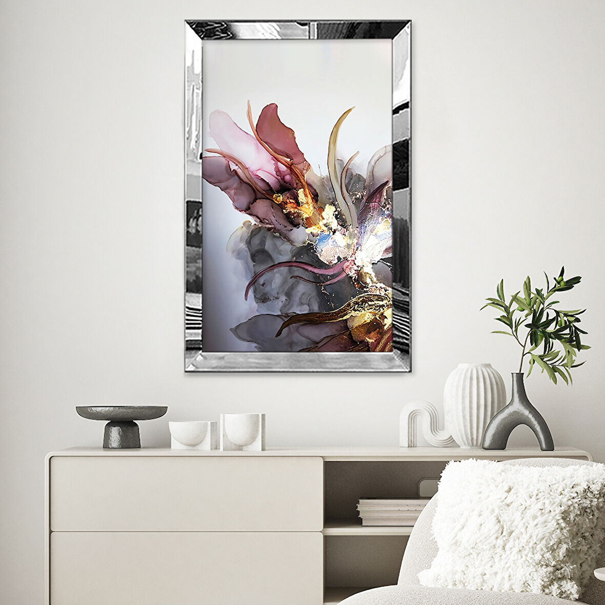 GÜMÜŞ AYNALI PLEKSİ ÇERÇEVELİ MODERN GRİ SARI SİYAH KIRMIZI ÇİÇEK DESENLİ SOYUT ÇİZİM TABLO