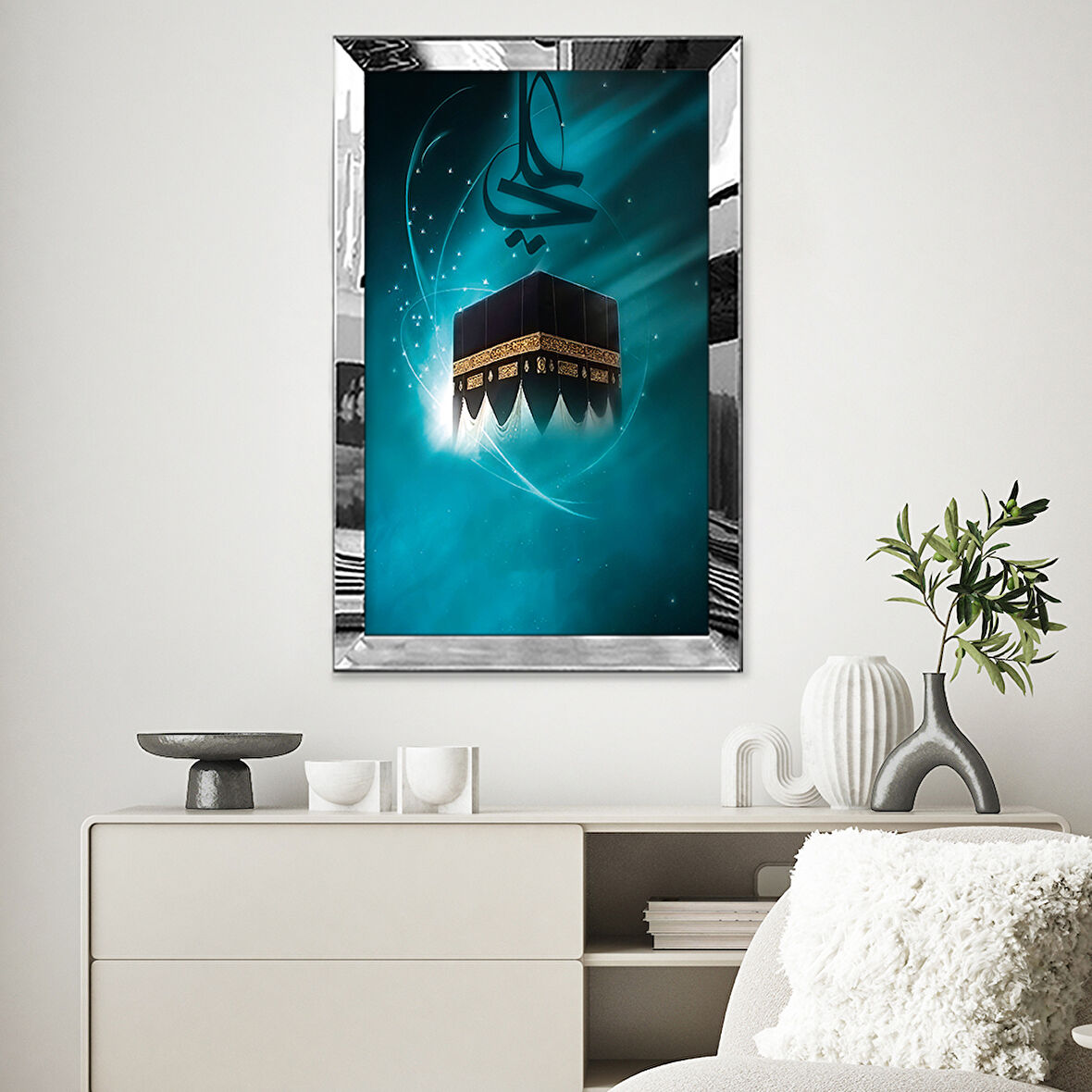 GÜMÜŞ AYNALI PLEKSİ ÇERÇEVELİ MODERN MAVİ BEYAZ SİYAH KABE DESENLİ ÇİZİM TABLO