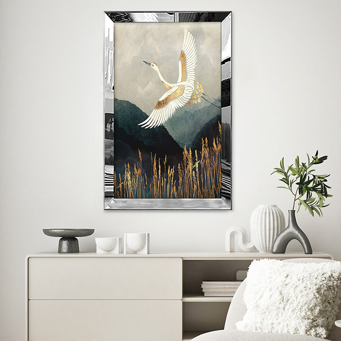 GÜMÜŞ AYNALI PLEKSİ ÇERÇEVELİ MİNİMALİST GRİ BEYAZ LEYLEK DESENLİ ÇİZİM TABLO