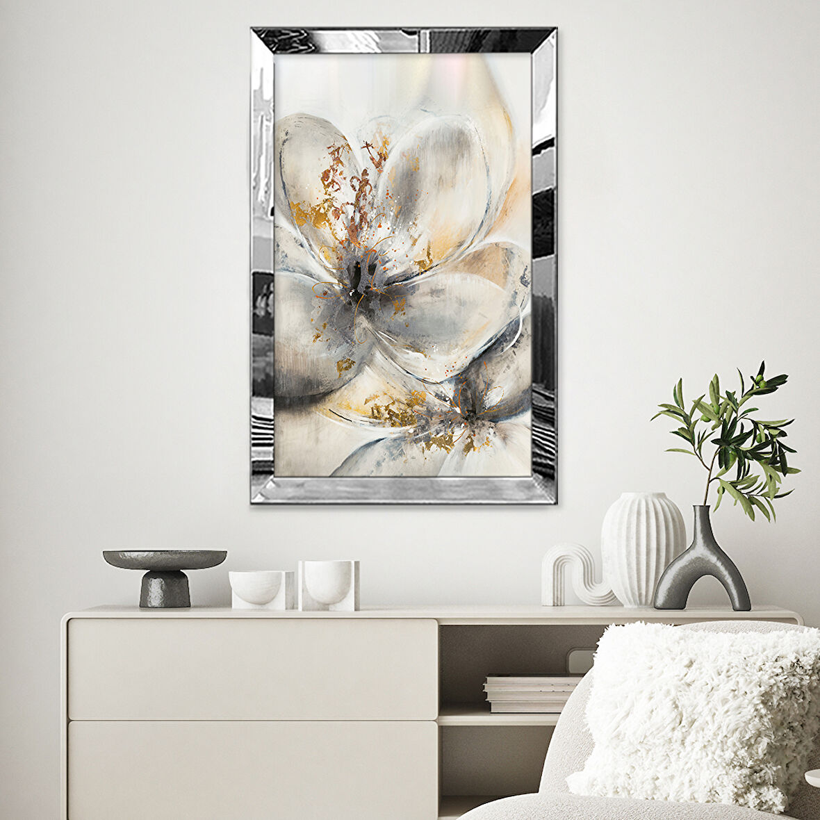 GÜMÜŞ AYNALI PLEKSİ ÇERÇEVELİ MODERN BEYAZ GRİ ÇİÇEK DESENLİ SOYUT ÇİZİM TABLO