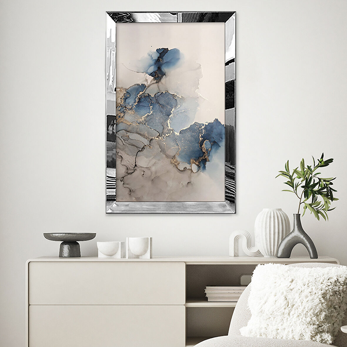GÜMÜŞ AYNALI PLEKSİ ÇERÇEVELİ MODERN MAVİ KAHVERENGİ MERMER ÇİÇEK DESENLİ SOYUT ÇİZİM TABLO