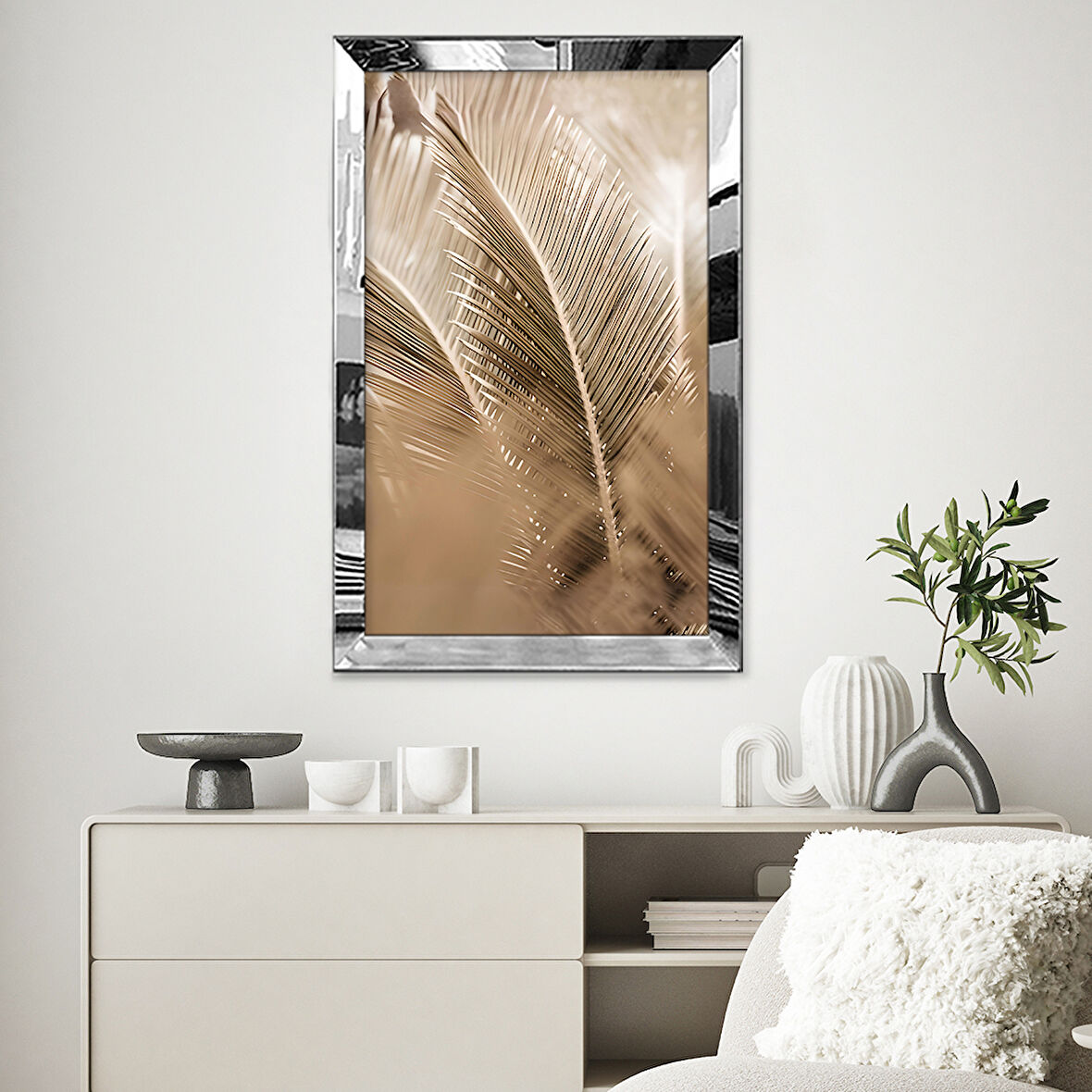 GÜMÜŞ AYNALI PLEKSİ ÇERÇEVELİ MODERN ZARİFALTIN SARISI PALMİYE YAPRAK DESENLİ SOYUT ÇİZİM TABLO