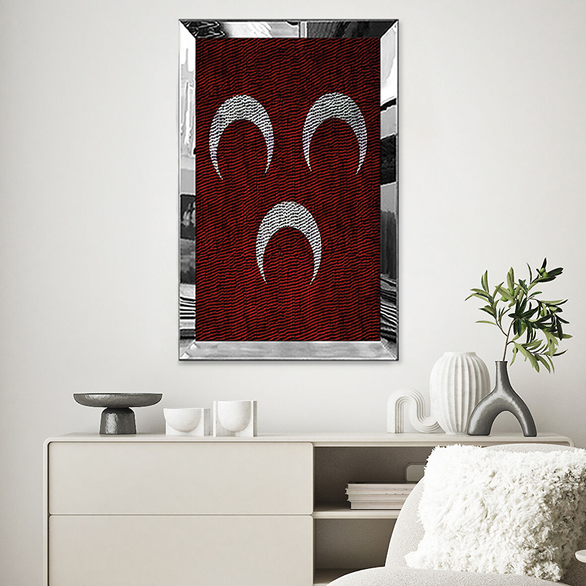 GÜMÜŞ AYNALI PLEKSİ ÇERÇEVELİ MODERN KIRMIZI BEYAZ HİLAL AY DESENLİ SOYUT ÇİZİM TABLO