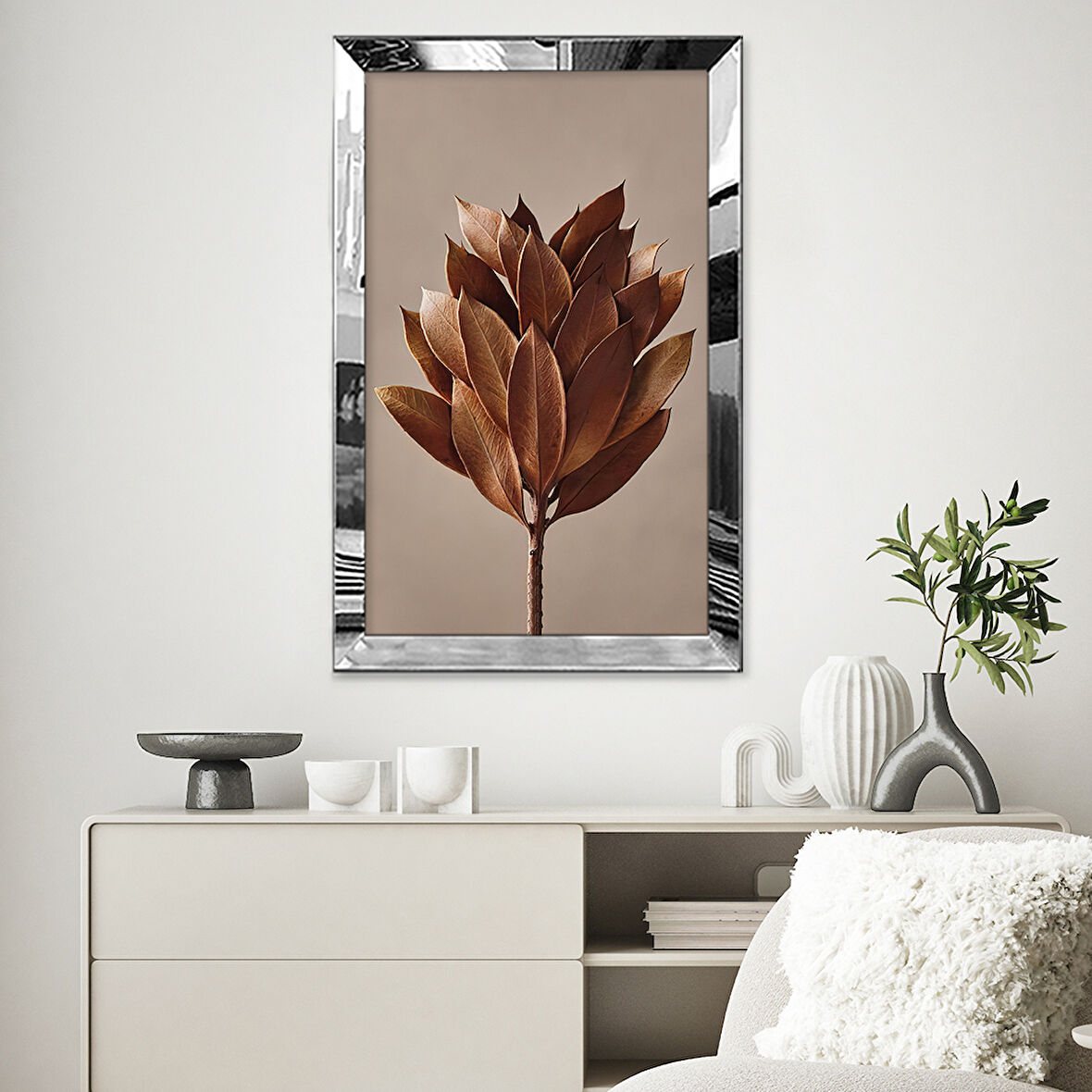 GÜMÜŞ AYNALI PLEKSİ ÇERÇEVELİ KOLAJ TURUNCU YAPRAK DESENLİ ÇİZİM TABLO