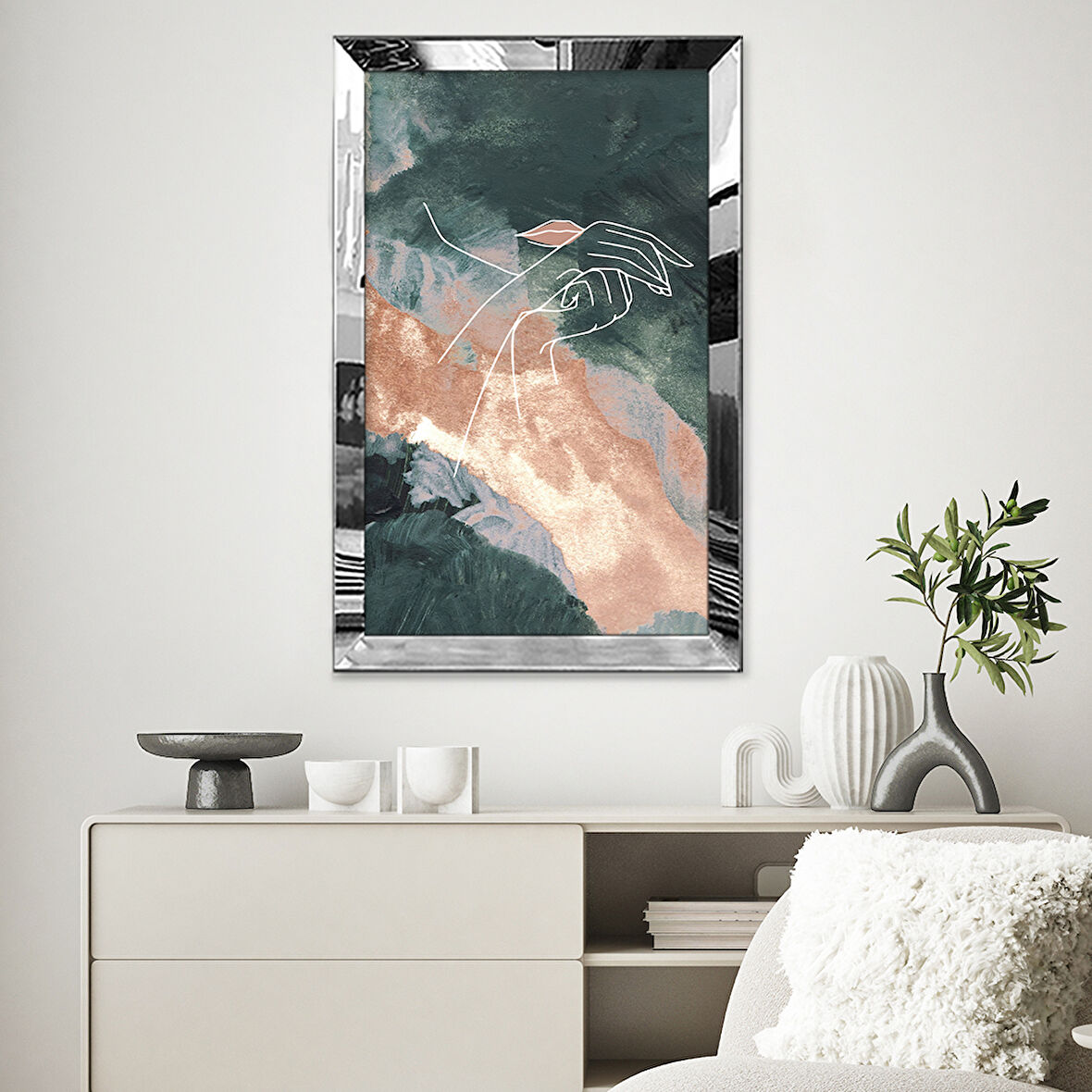 GÜMÜŞ AYNALI PLEKSİ ÇERÇEVELİ MODERN YEŞİL TURUNCU SOYUT ÇİZİM TABLO