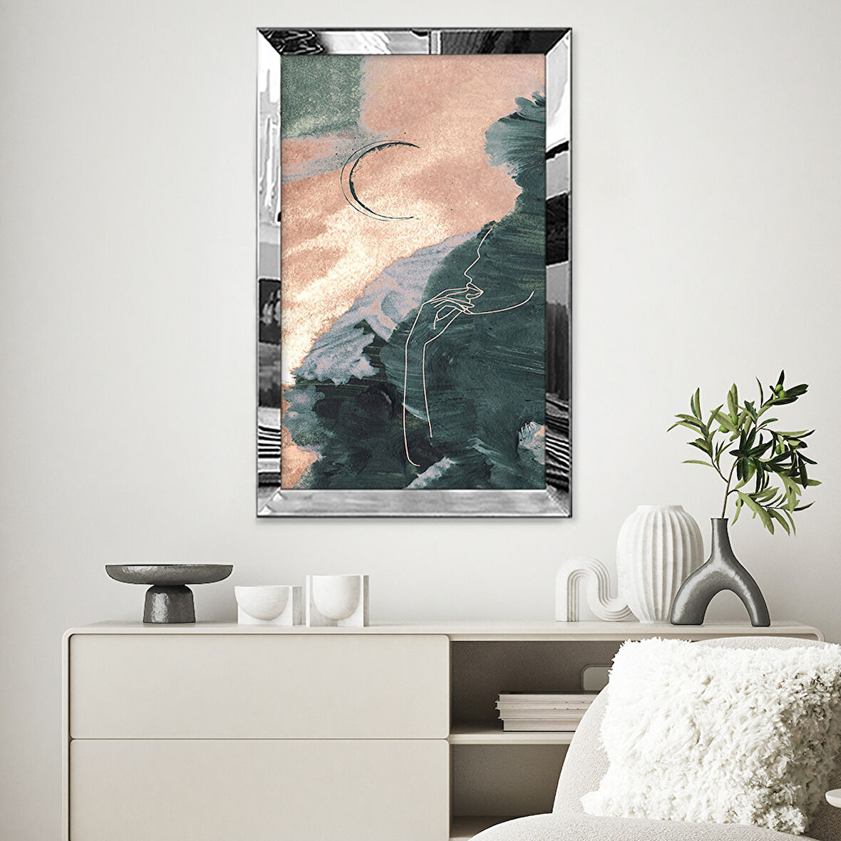 GÜMÜŞ AYNALI PLEKSİ ÇERÇEVELİ MODERN ÇİÇEKLİ MAVİ SURETLİ SOYUT ÇİZİM TABLO