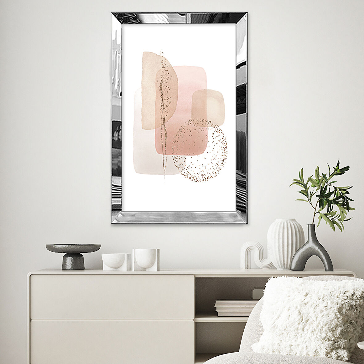 GÜMÜŞ AYNALI PLEKSİ ÇERÇEVELİ MİNİMALİST SOYUT ŞEKİLLER TABLOSU