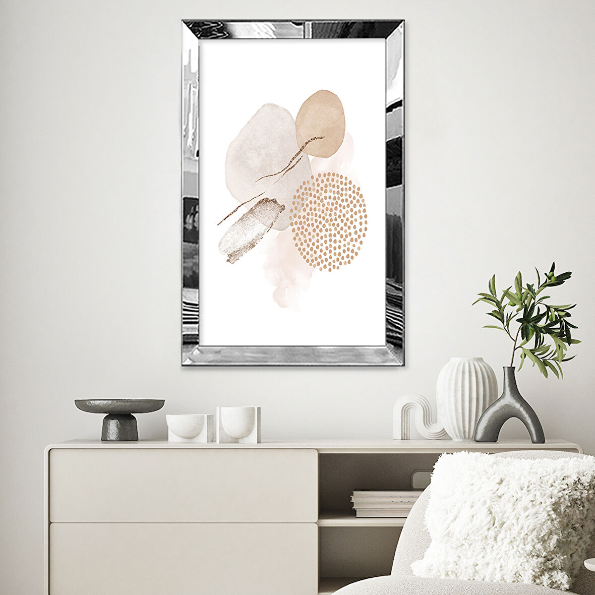 GÜMÜŞ AYNALI PLEKSİ ÇERÇEVELİ SULUBOYA TARZINDA MİNİMAL ŞEKİLLER TABLOSU