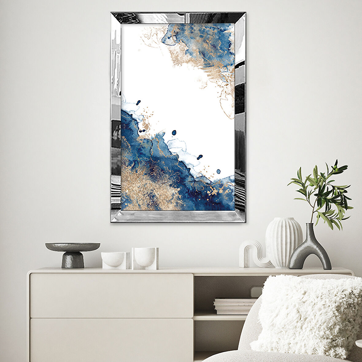 GÜMÜŞ AYNALI PLEKSİ ÇERÇEVELİ MAVİ ARKA PLANLI SOYUT TASARIM TABLOSU