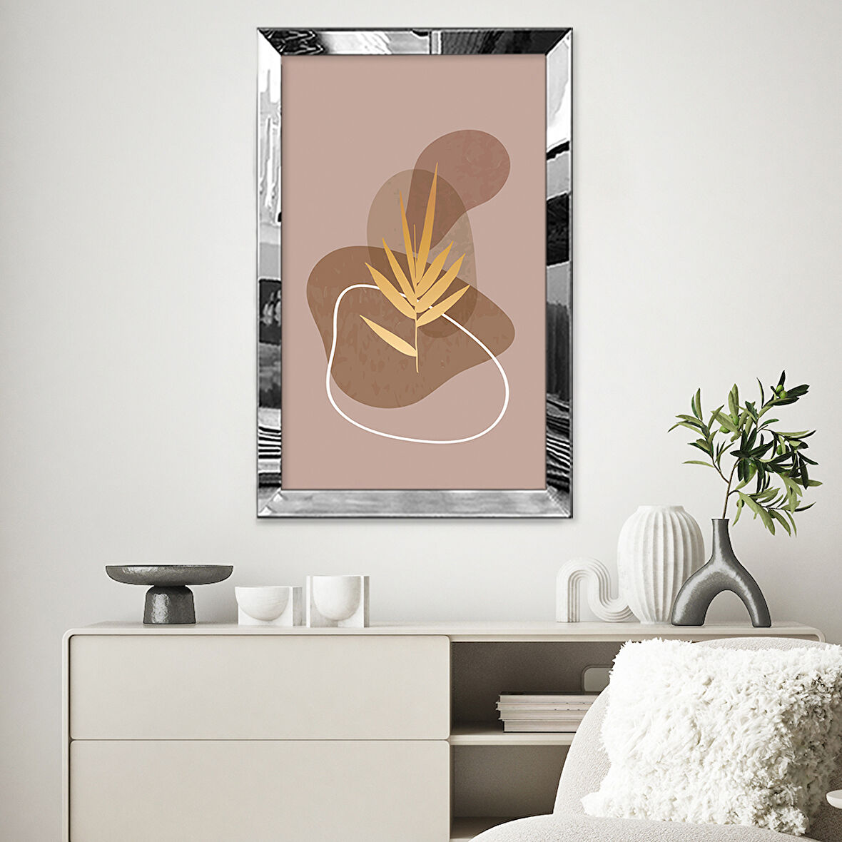 GÜMÜŞ AYNALI PLEKSİ ÇERÇEVELİ DEKORATİF MİNİMAL PASTEL TONLU SOYUT TASARIM TABLOSU