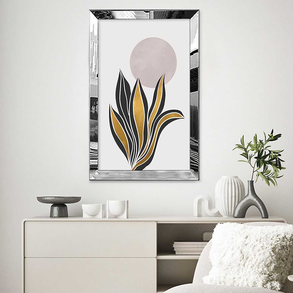 GÜMÜŞ AYNALI PLEKSİ ÇERÇEVELİ ALTIN VE SİYAH MİNİMAL ZARİF YAPRAKLAR TABLOSU