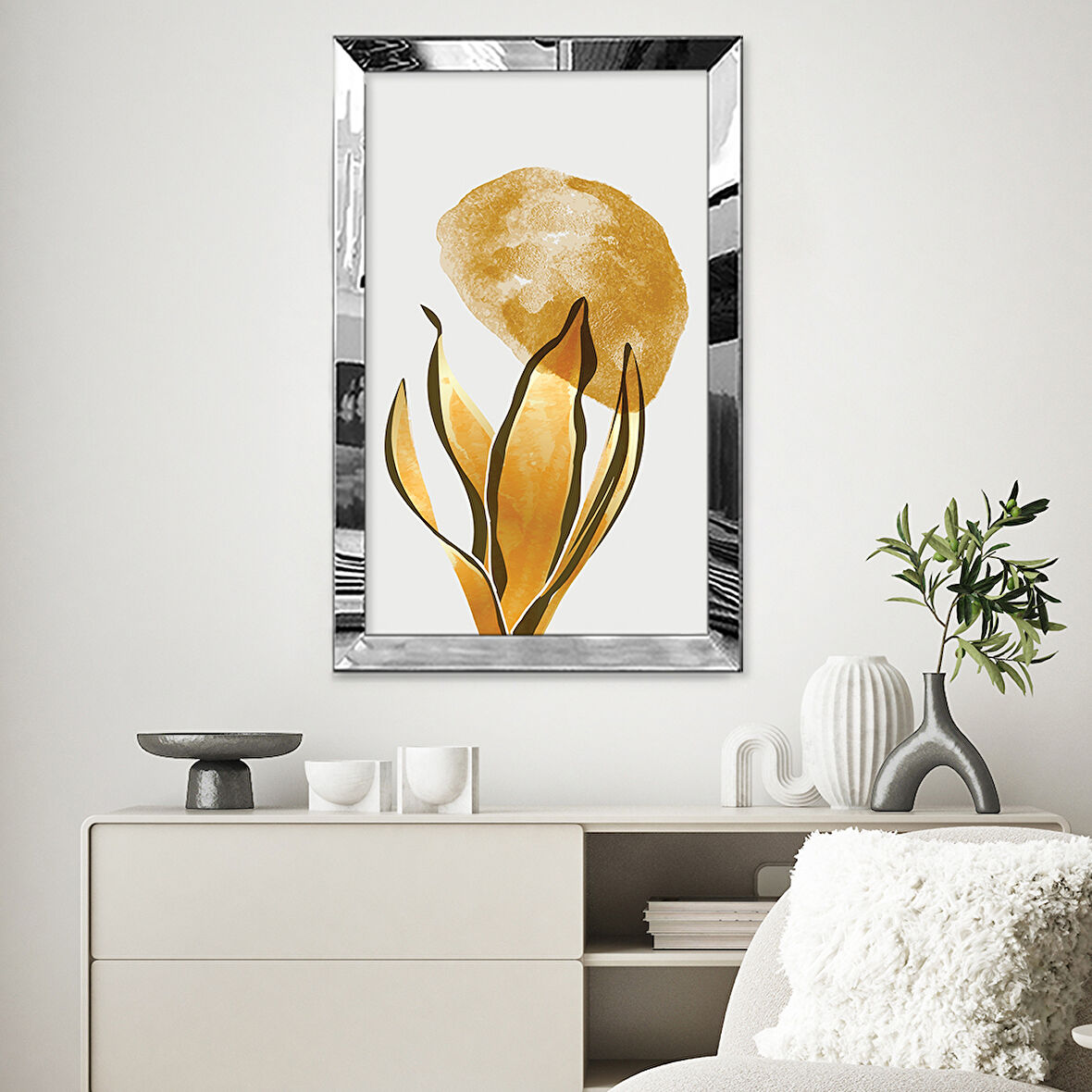 GÜMÜŞ AYNALI PLEKSİ ÇERÇEVELİ MİNİMAL ALTIN RENKLİ YAPRAK TABLOSU