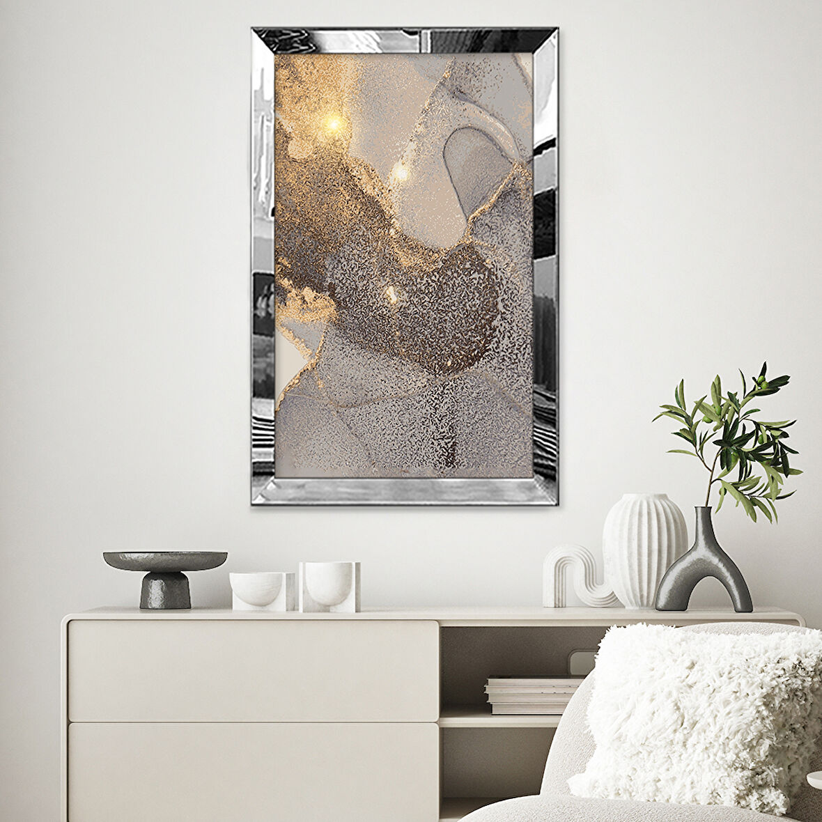 GÜMÜŞ AYNALI PLEKSİ ÇERÇEVELİ MERMER DESENLİ GRİ SOYUT TASARIM TABLOSU