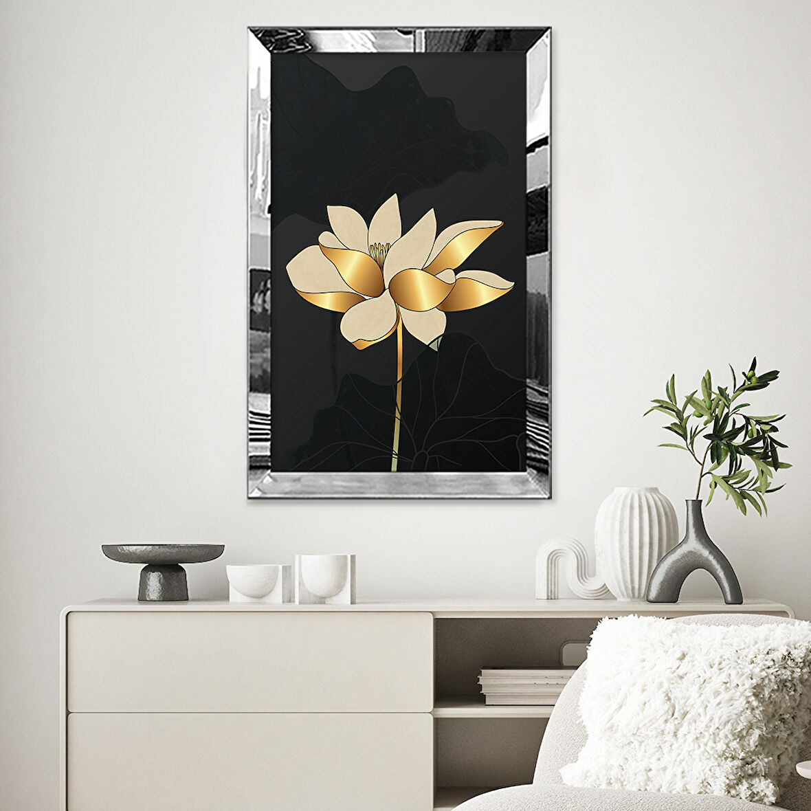 GÜMÜŞ AYNALI PLEKSİ ÇERÇEVELİ MODERN MİNİMAL ALTIN RENKLİ ÇİÇEK TABLOSU