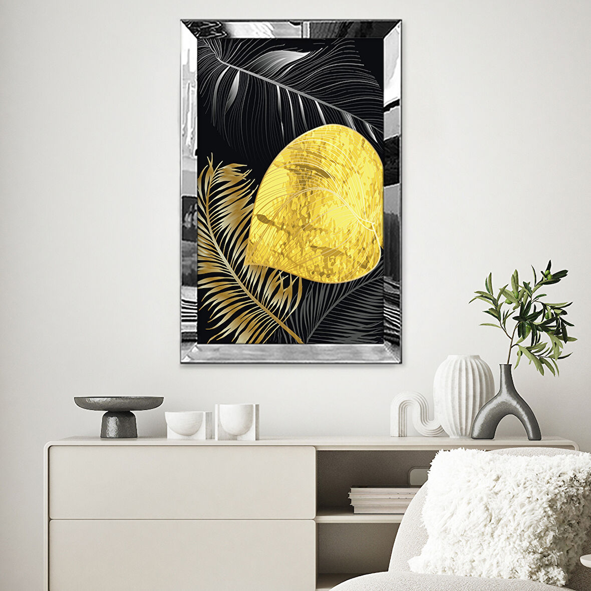 GÜMÜŞ AYNALI PLEKSİ ÇERÇEVELİ BOTANİK TEMALI ALTIN RENKLİ MODERN TASARIM TABLOSU