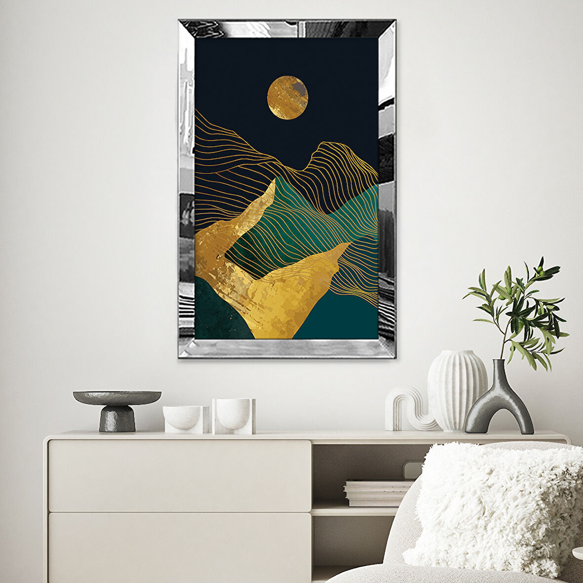 GÜMÜŞ AYNALI PLEKSİ ÇERÇEVELİ ÇİZGİ DESENLİ ALTIN VE YEŞİL MANZARA TASARIMI TABLOSU