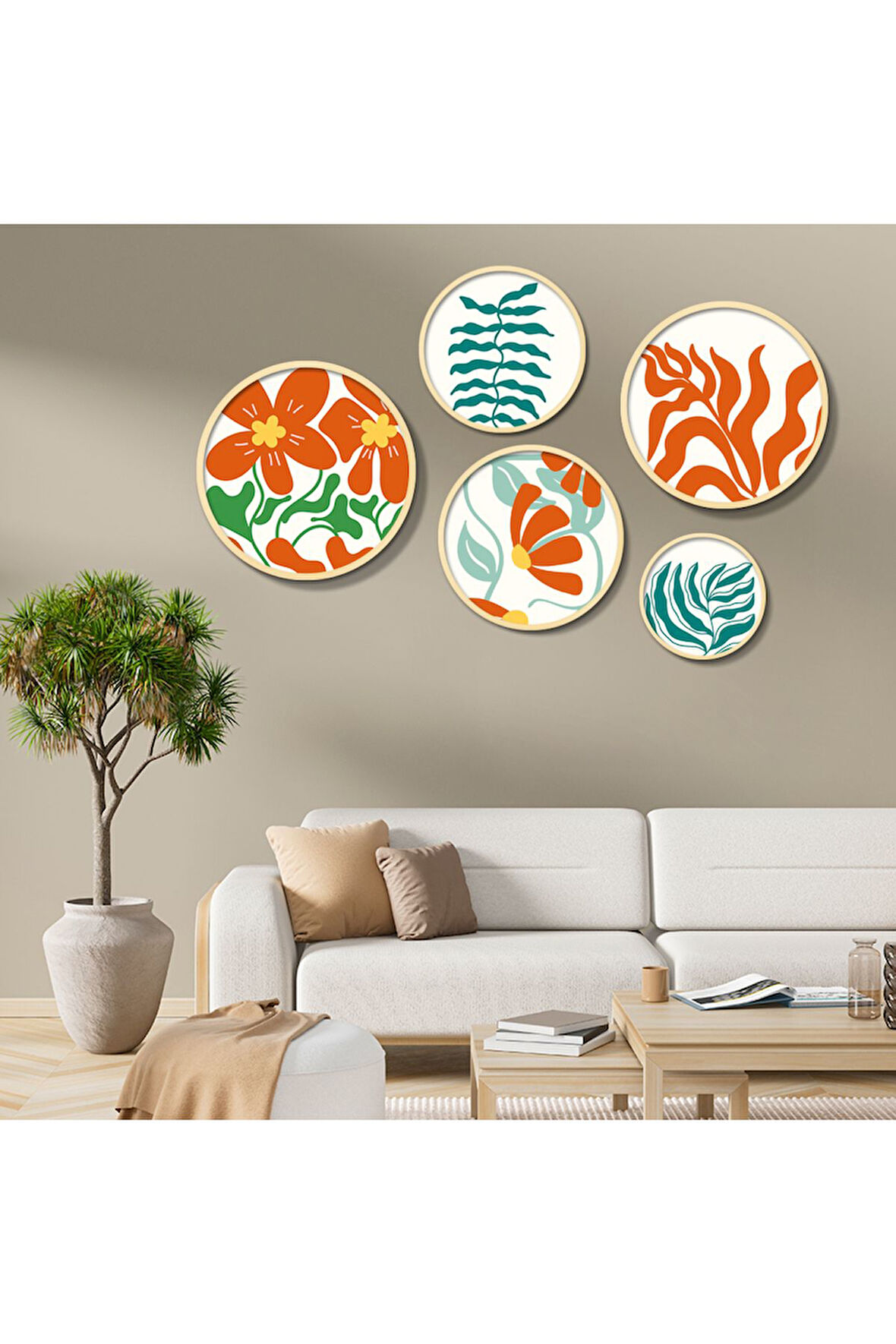 Yuvarlak Ahşap Turuncu Yeşil Çiçek ve Bitkiler Tablo Seti