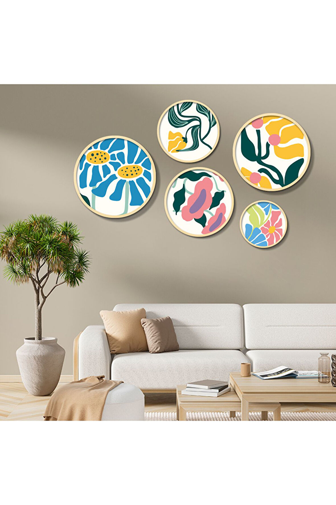 Yuvarlah Ahşap Renkli Soyut Çiçekler Tablo Seti