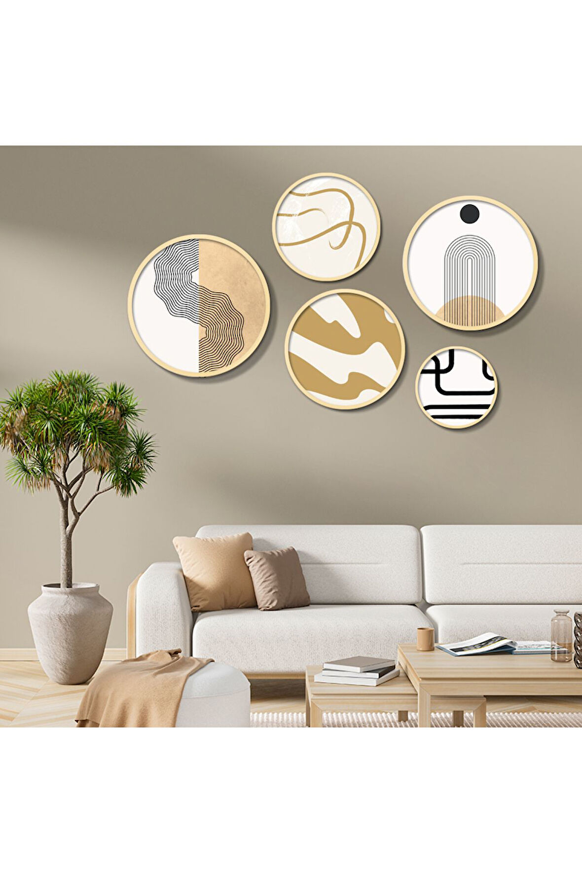 Yuvarlah Ahşap Pastel Tonlarda Soyut Şekiller Tablo Seti