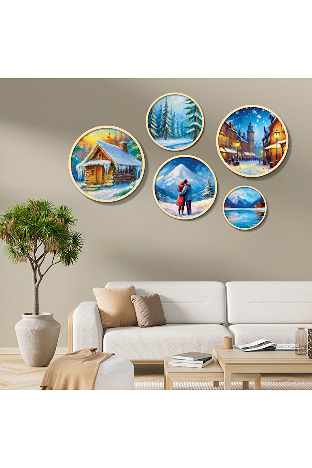 Yuvarlah Ahşap Yağlı Boya Tarzında Kış Teması Tablo Seti