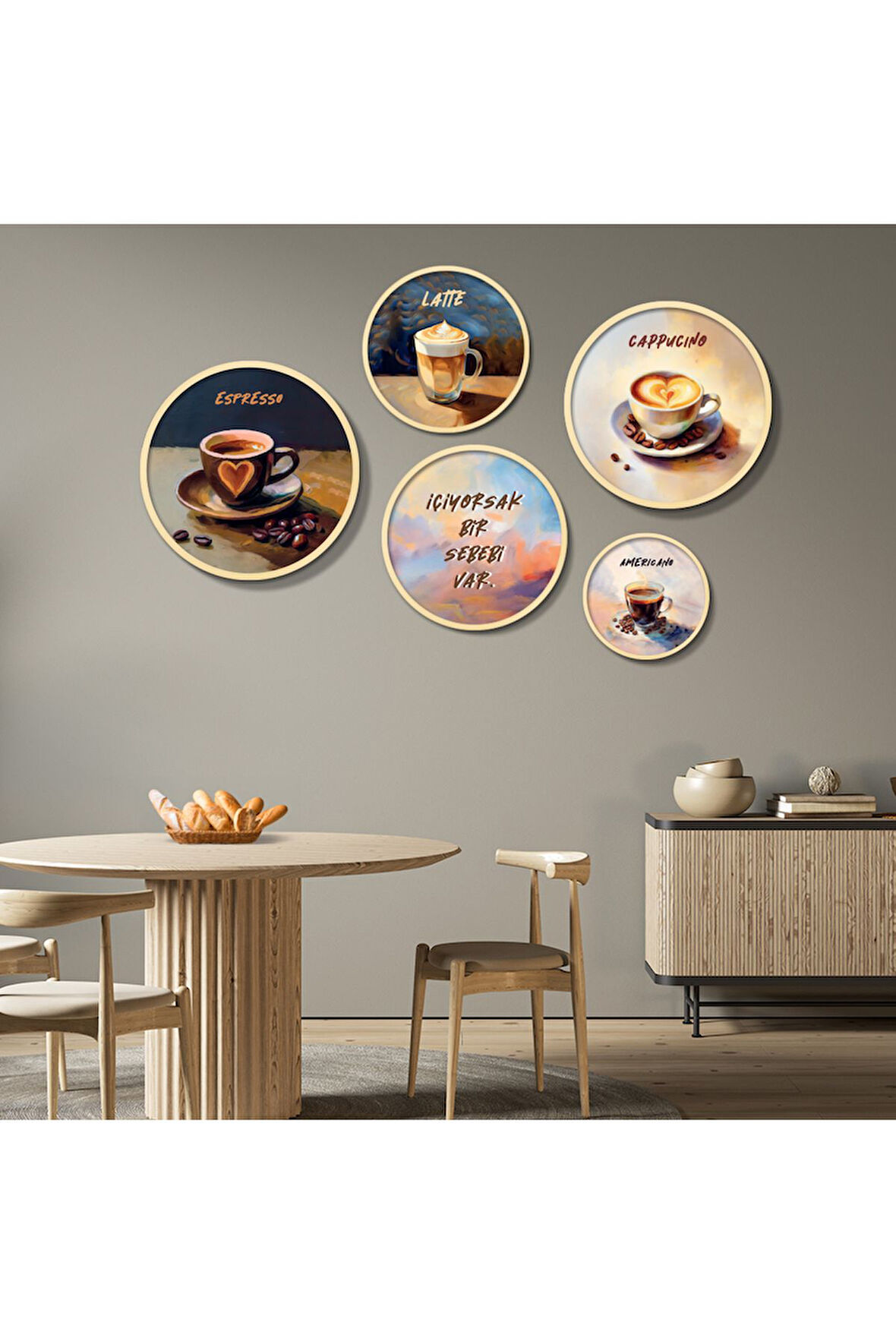 Yuvarlak Ahşap Yazılı ve Minimalist Kahve Çeşitleri Tablo Seti