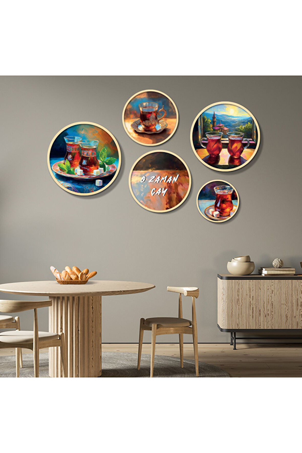 Yuvarlah Ahşap Sıcak Tonlarda "O Zaman Çay" Yazılı Çay Teması Tablo Seti
