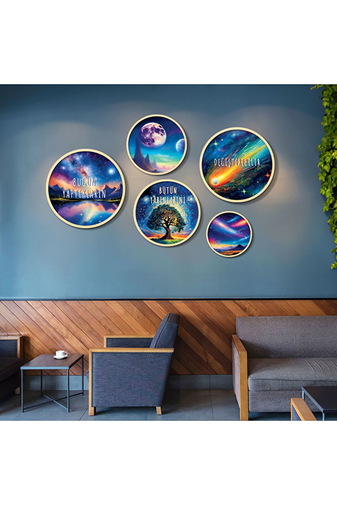Yuvarlah Ahşap Uzay Temalı Pozitif Söz Tablo Seti