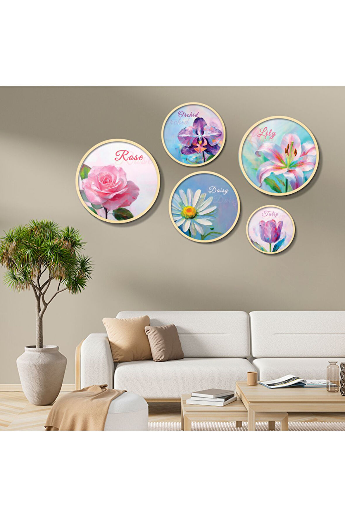 Yuvarlah Ahşap Pembe ve Mor Tonlarda Çiçekler Tablo Seti