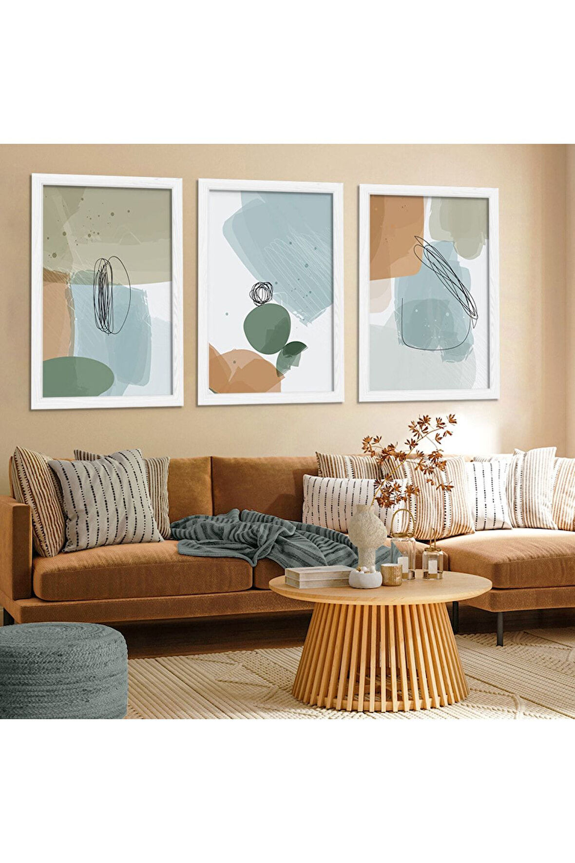 Beyaz Ahşap Çerçeveli Kolaj Çizim Modern Tablo