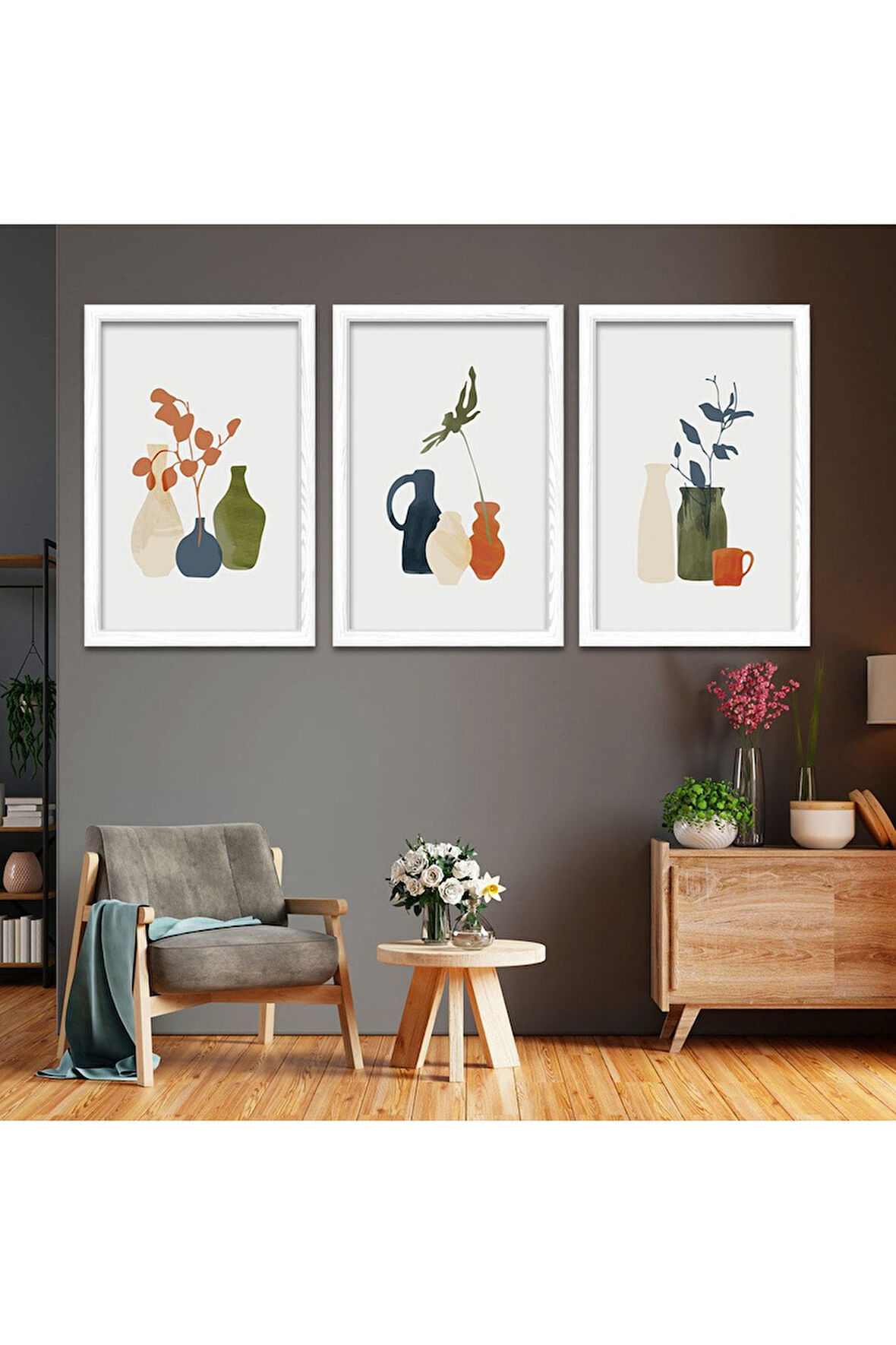 Siyah Ahşap Çerçeveli Kolaj Çizim Çiçek Tablo