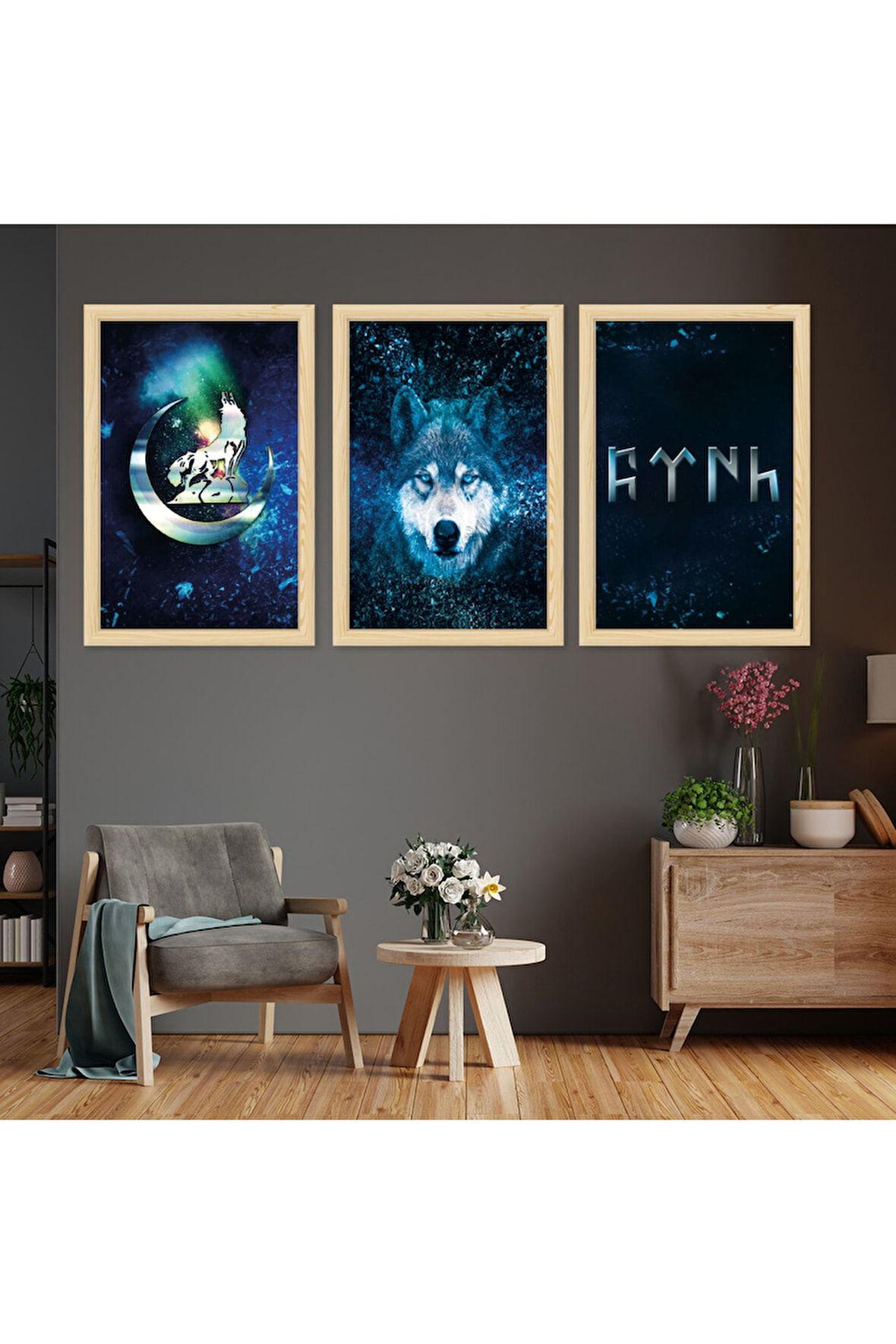 Beyaz Ahşap Çerçeveli Bozkurt Göktürk Tablosu