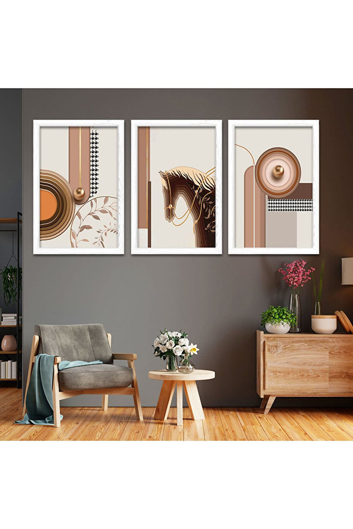 Siyah Ahşap Çerçeveli Kolaj Çizim At Tablo