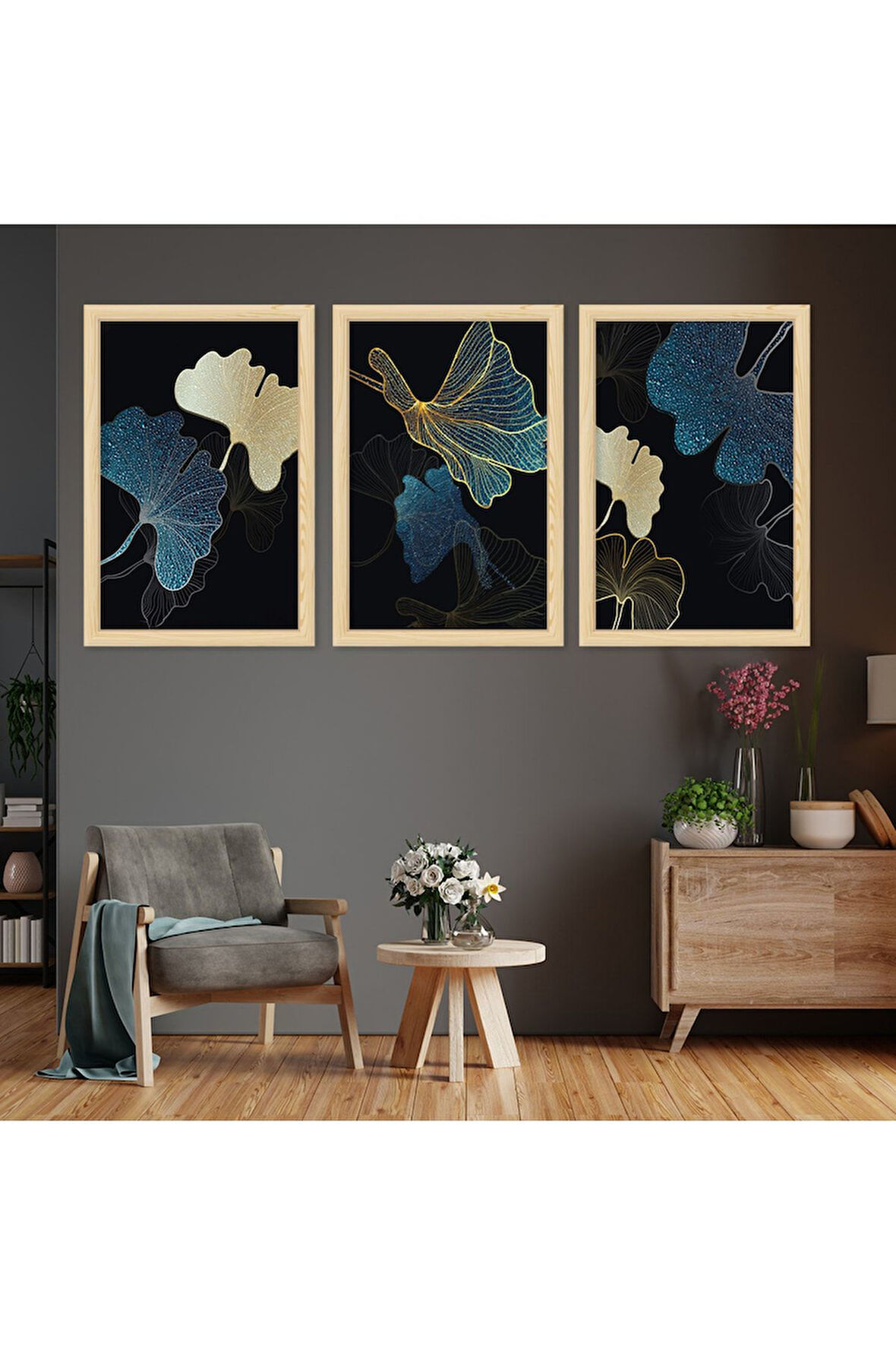 Siyah Ahşap Çerçeveli Kolaj Çizim Çiçek Tablo