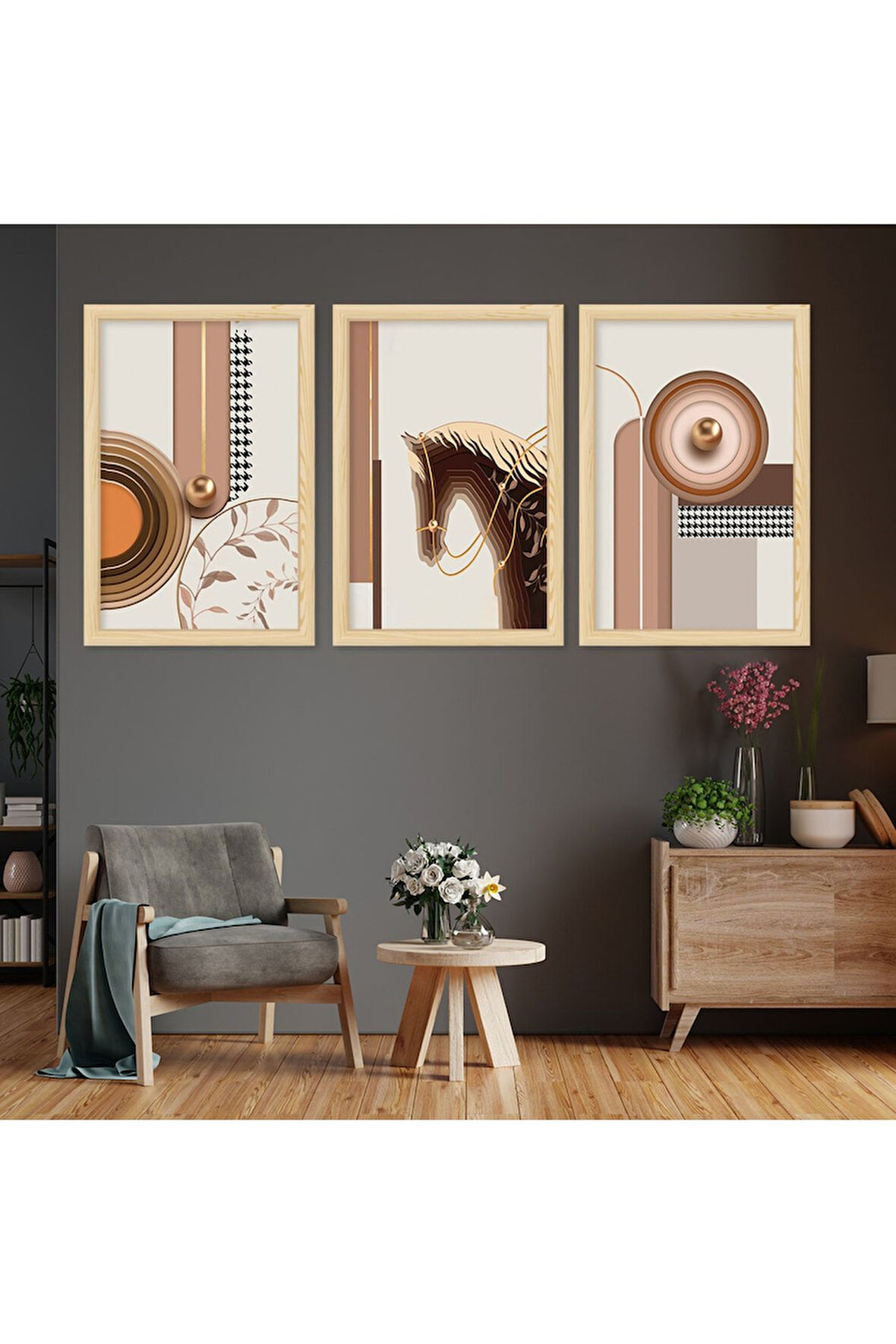 Siyah Ahşap Çerçeveli Kolaj Çizim At Tablo