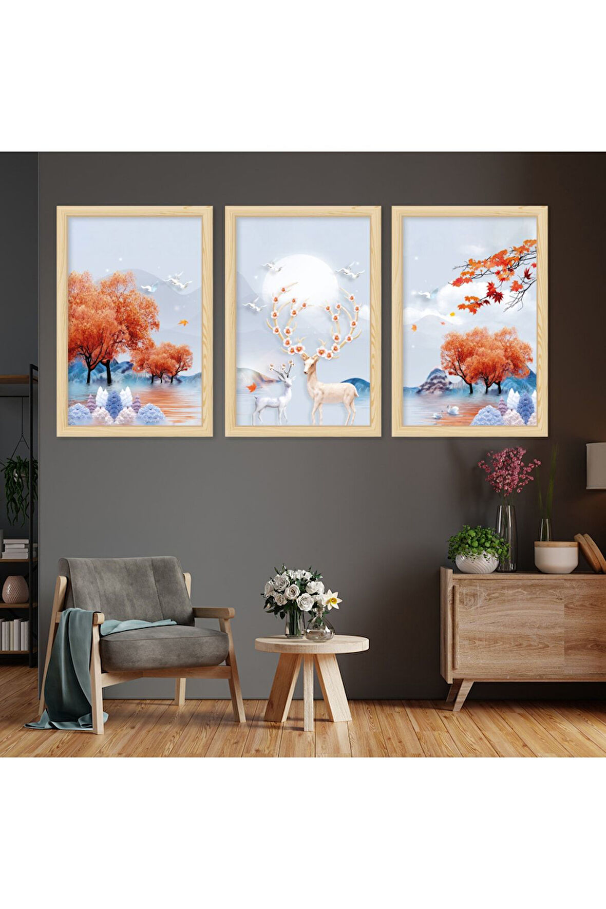 Siyah Ahşap Çerçeveli Kolaj Çizim Geyik Tablo