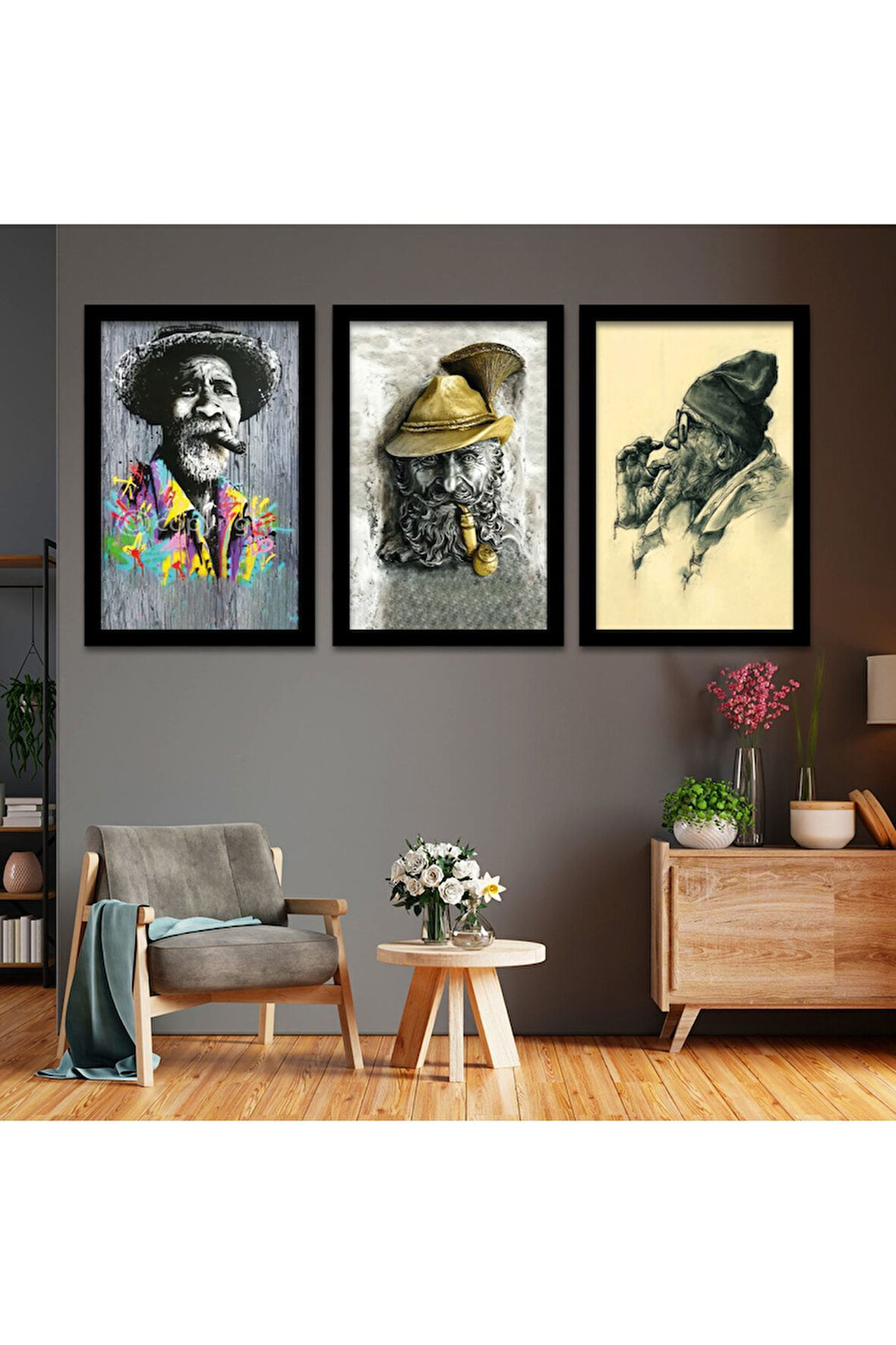 Beyaz Ahşap Çerçeveli Tarz Yaşlı Adam Tablo