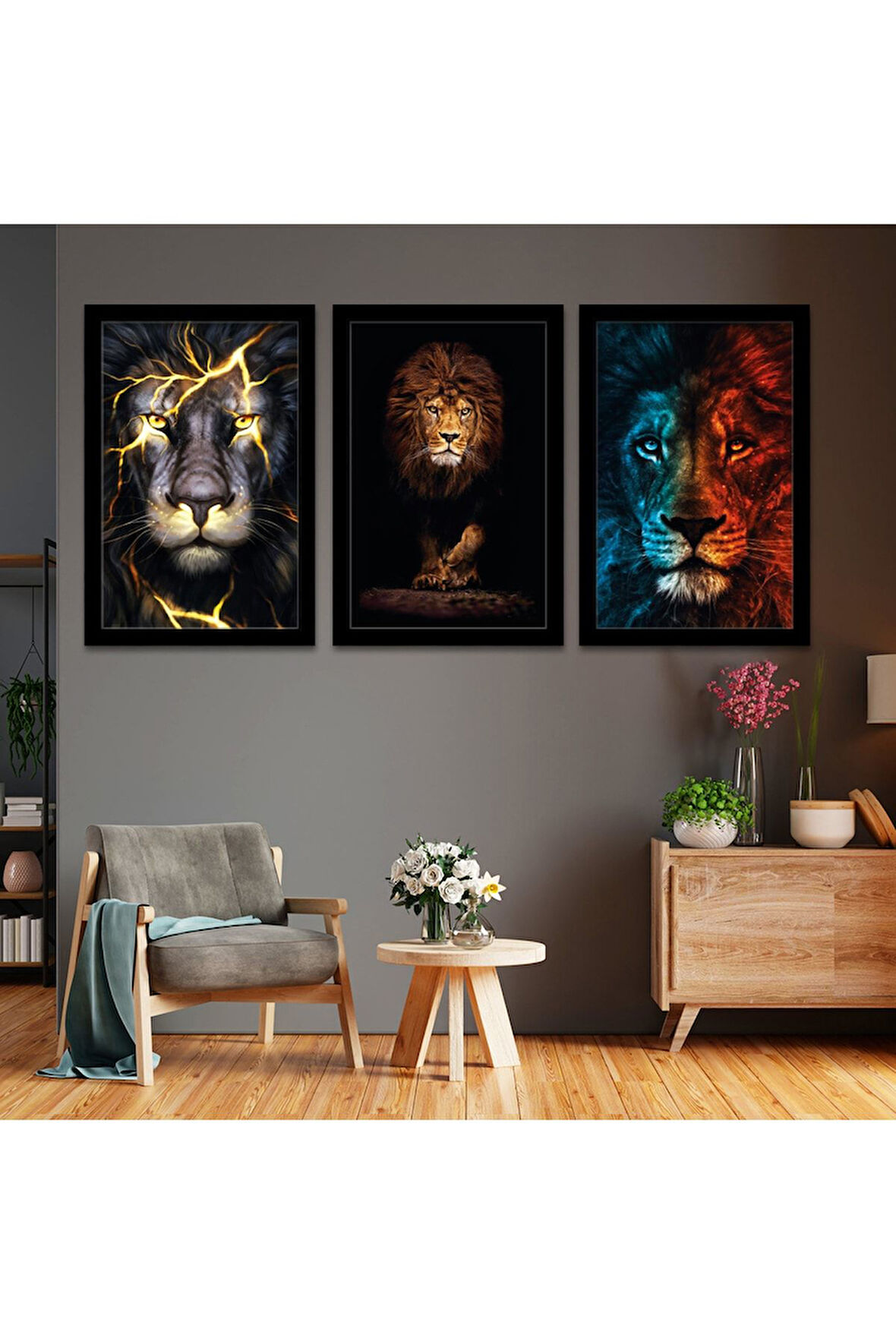 Beyaz Ahşap Çerçeveli Aslan Tablo