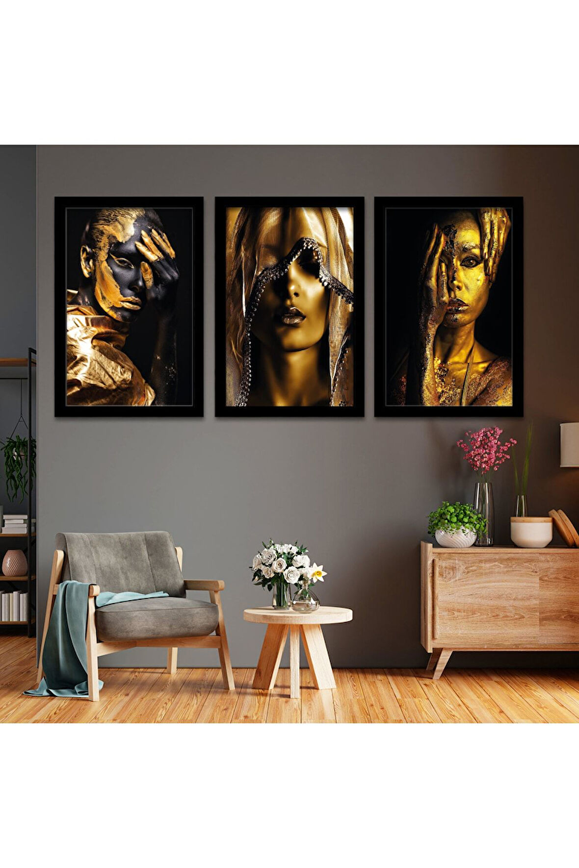 Beyaz Ahşap Çerçeveli Altın Kadın Tablo