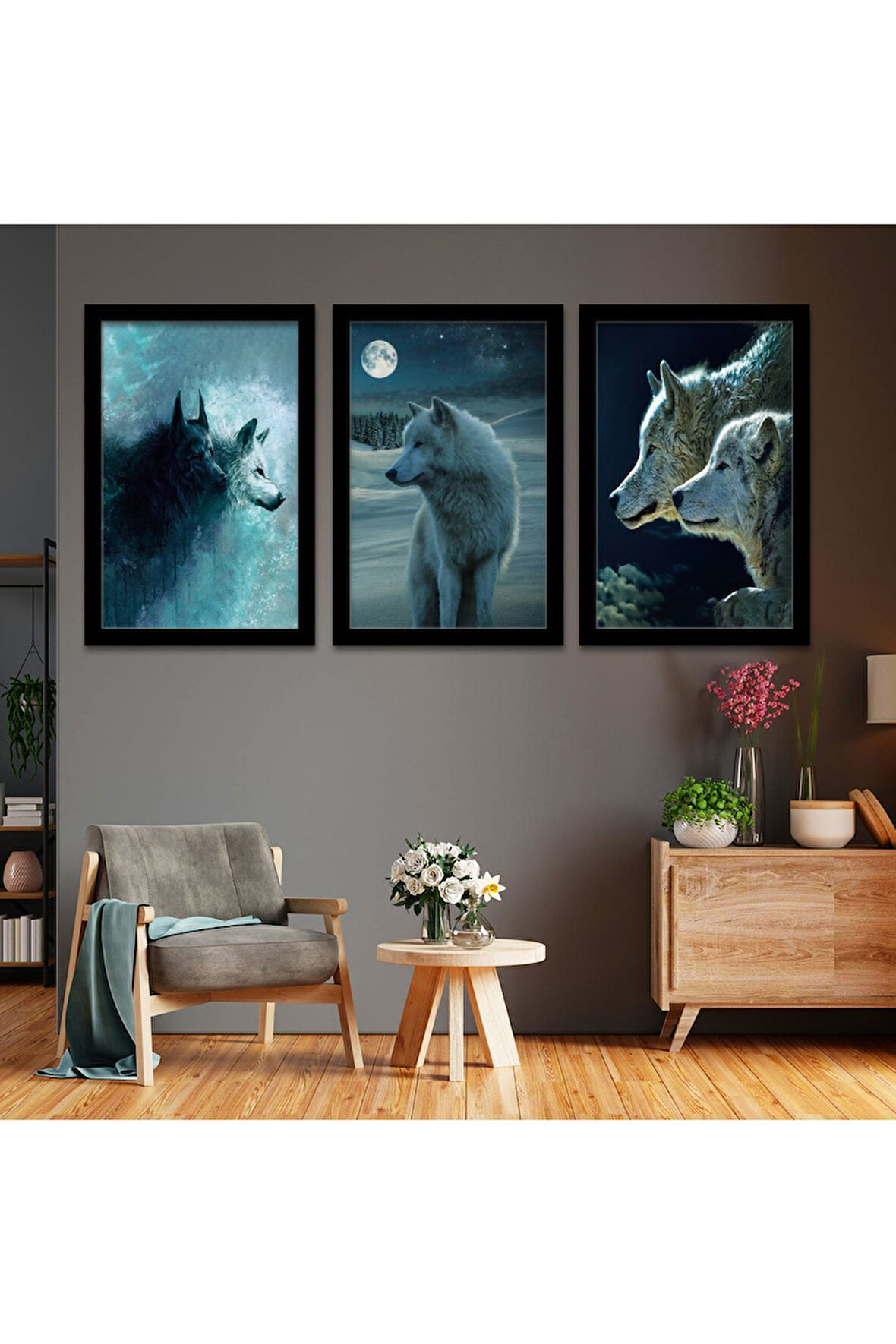 Beyaz Ahşap Çerçeveli Bozkurt Tablo