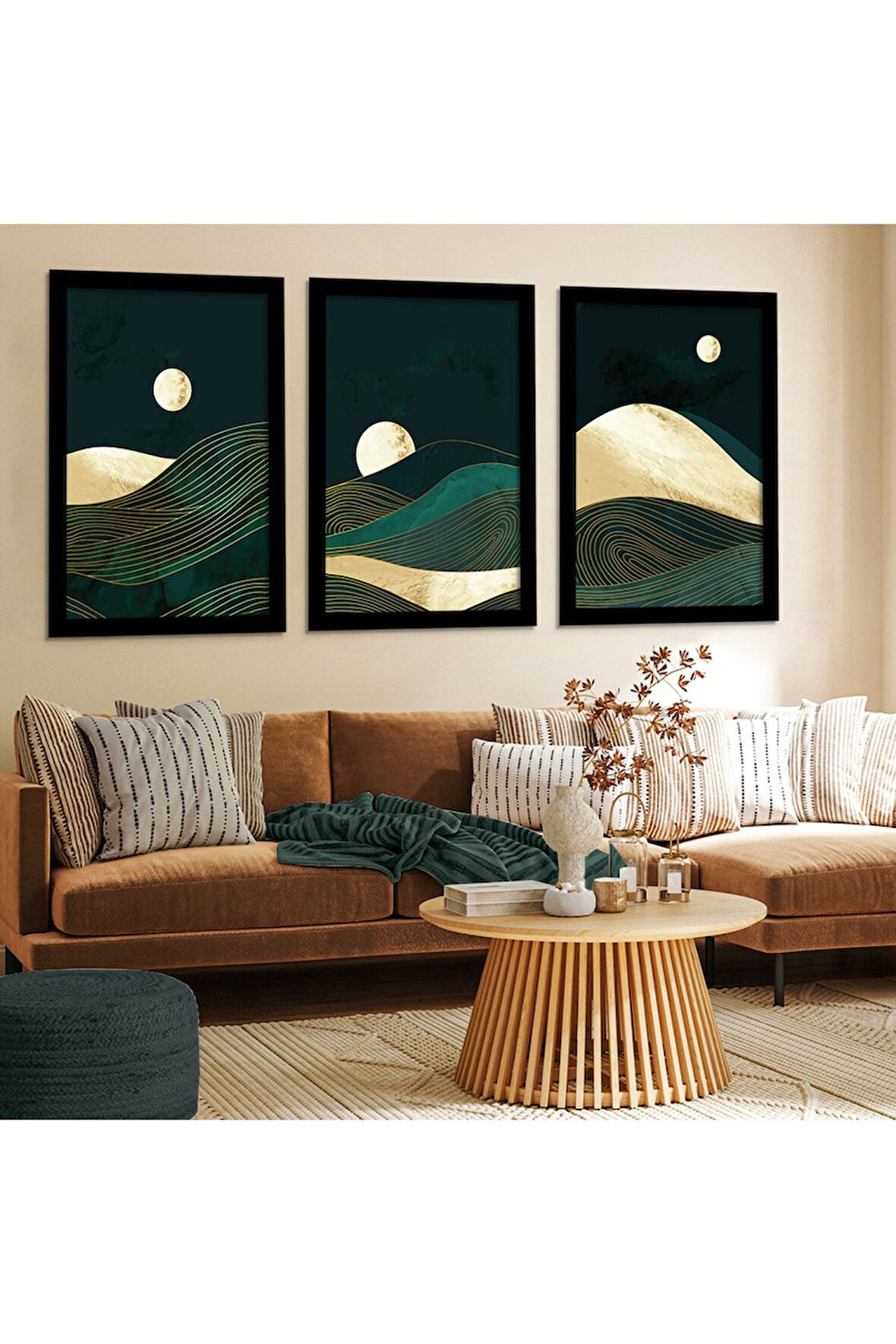 Siyah Ahşap Çerçeveli Kolaj Çizim Dağ Manzara Tablo