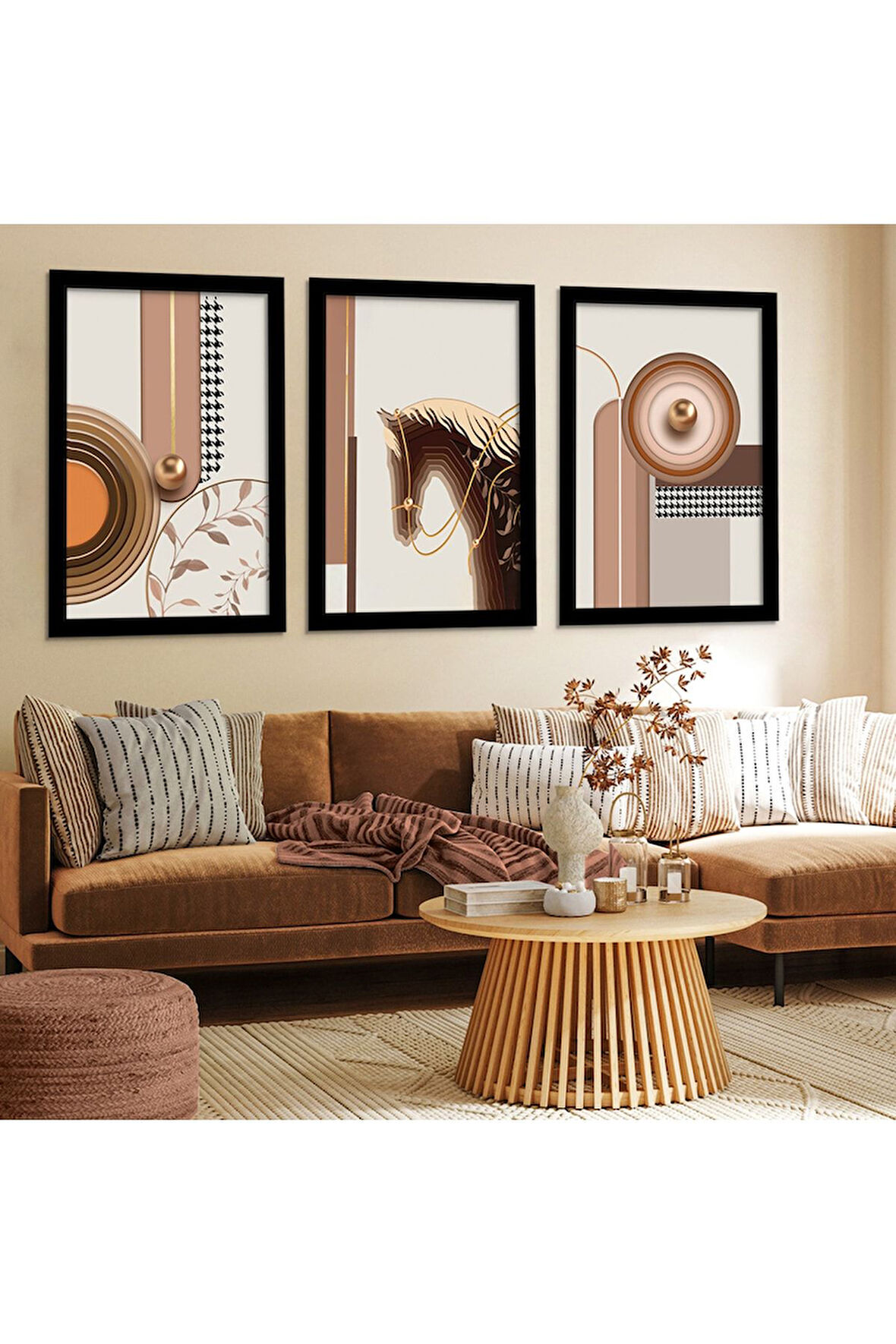 Siyah Ahşap Çerçeveli Kolaj Çizim At Tablo