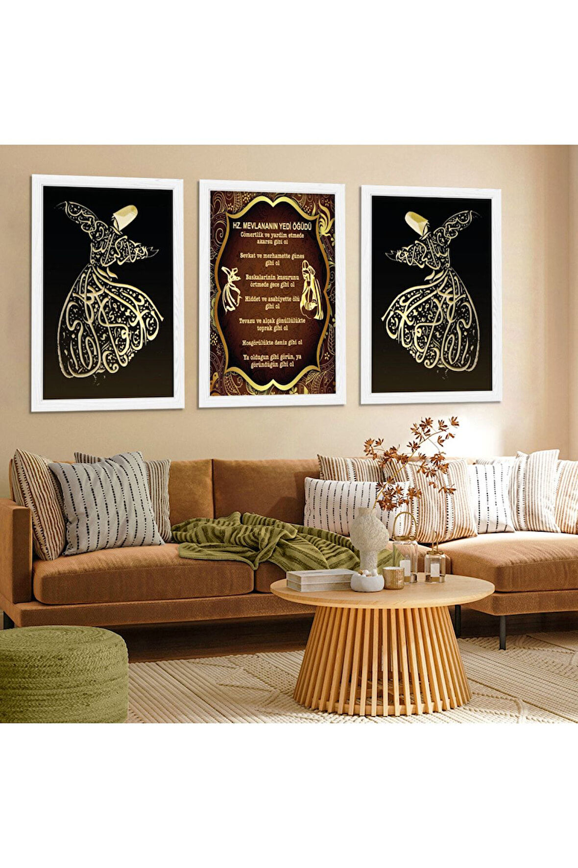 Beyaz Ahşap Çerçeveli Semazen Motifi Ve Mevlana Sözü Tablo